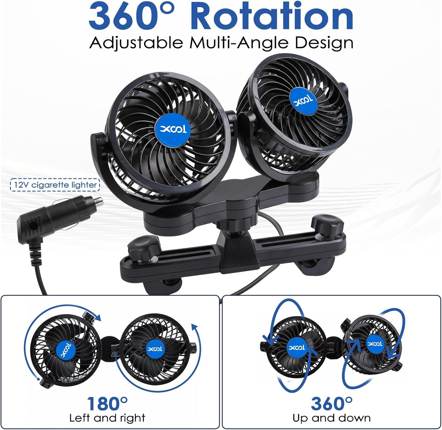 XOOL Electric Car Fans for Rear Seat Passenger Portable Fans Headrest 360 Degree Rotatable Backseat Car Fan 12V Cooling Air Fan with Stepless Speed Regulation for Vehicles, SUV, RV