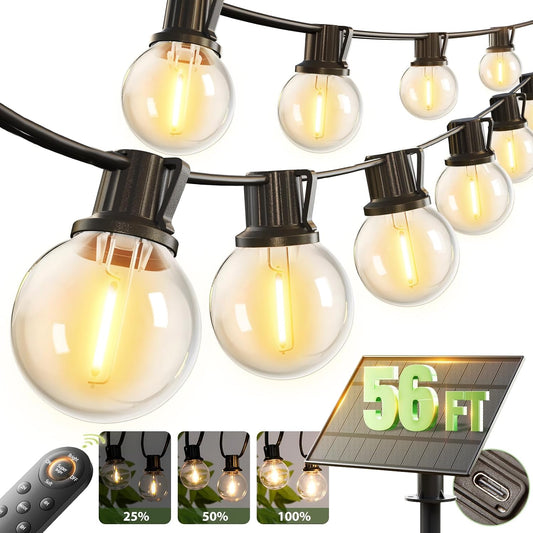 addlon 56FT(50+6) Solar String Lights Outdoor with Remote, 27 LED G40 Bulbs | Solar Powered & USB Charging Patio Lights, Dimmable Waterproof Solar String Lights for Outside, Camping, Backyard