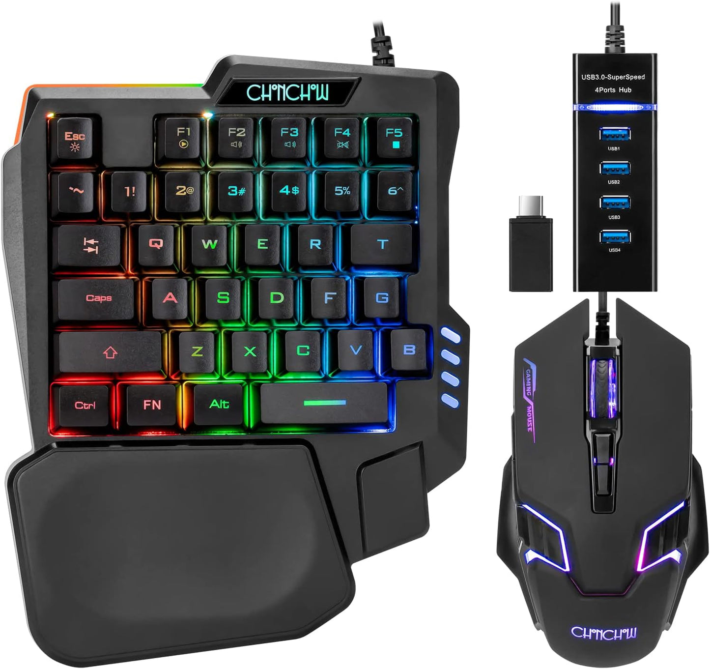 One Handed Gaming Keyboard and Mouse Combo for LOL/Wow/fortnite/Dota/PUBG | Half Mini RGB Keyboard, 35 Keys, Ergo Wrist Rest, LED 7200DPI CPI Customize Gaming Mouse, with USB Spilitter, Small Wired Set