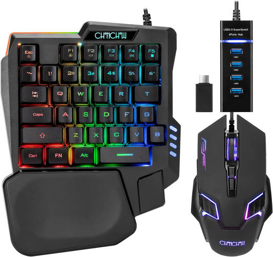 One Handed Gaming Keyboard and Mouse Combo for LOL/Wow/fortnite/Dota/PUBG | Half Mini RGB Keyboard, 35 Keys, Ergo Wrist Rest, LED 7200DPI CPI Customize Gaming Mouse, with USB Spilitter, Small Wired Set