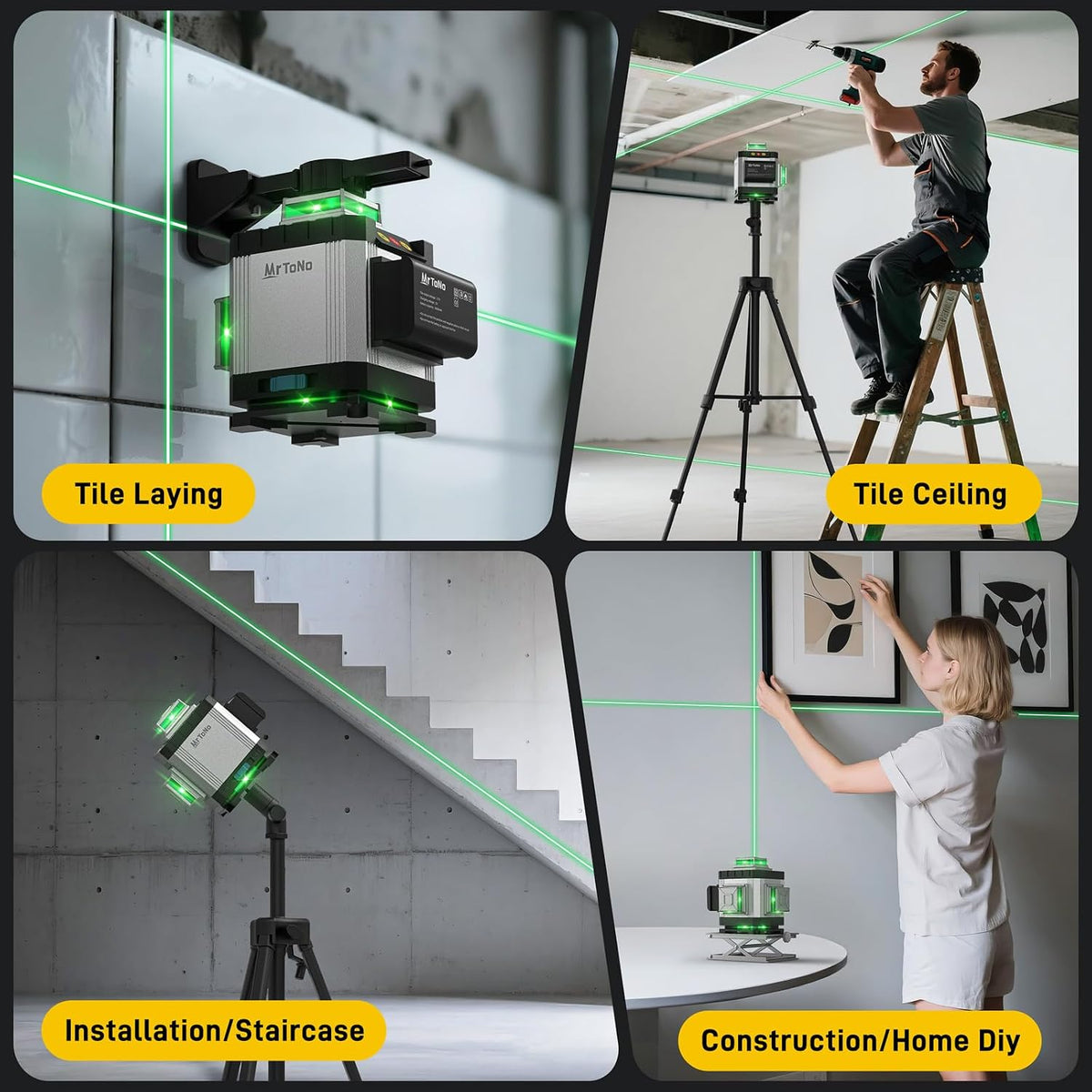 Laser Level, MrToNo 4 x 360 °laser level 360 self leveling 16 Lines 4D | tool Green 360 laser level , for Construction, Ceiling, Tiling, Framing, Home Renovation, Picture Hanging