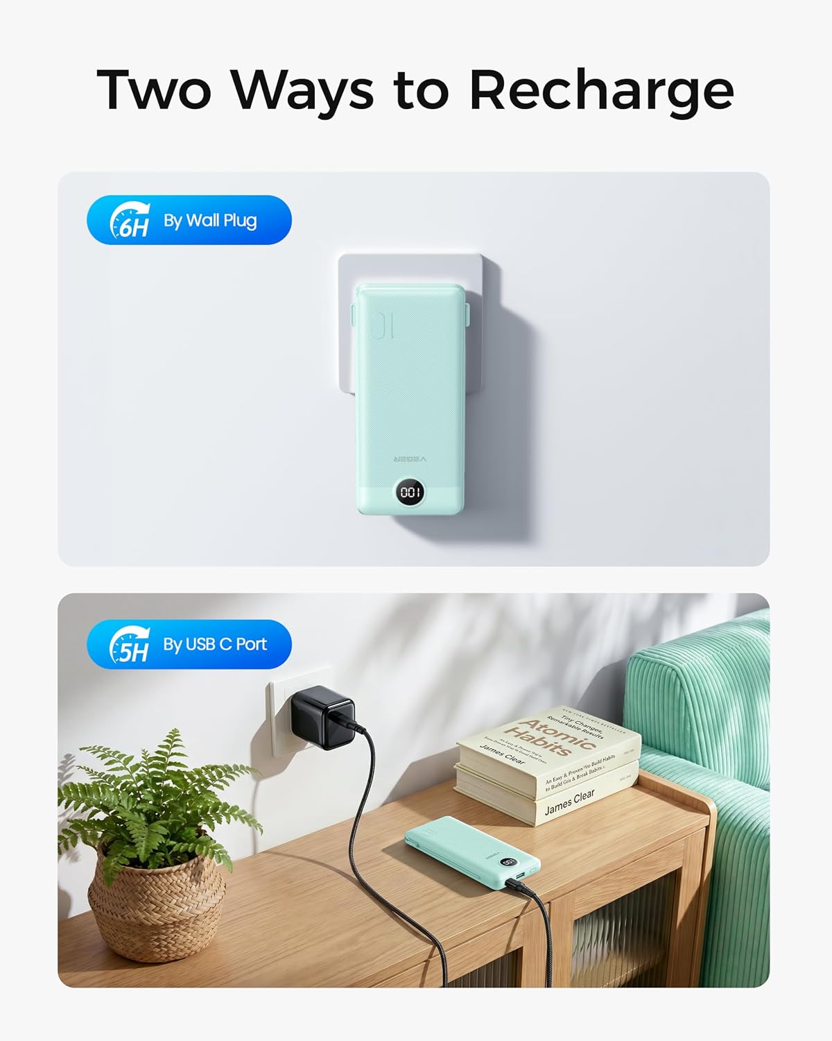 VEGER Power Bank, Travel Portable Charger Built in Wall Plug and Cable | 10000mAh,Ultra Slim&Compact,5 Outputs,LED Display,Flight-Safe,Travel Essentials Battery Pack for iPhone 17,iPad, Samsung,etc