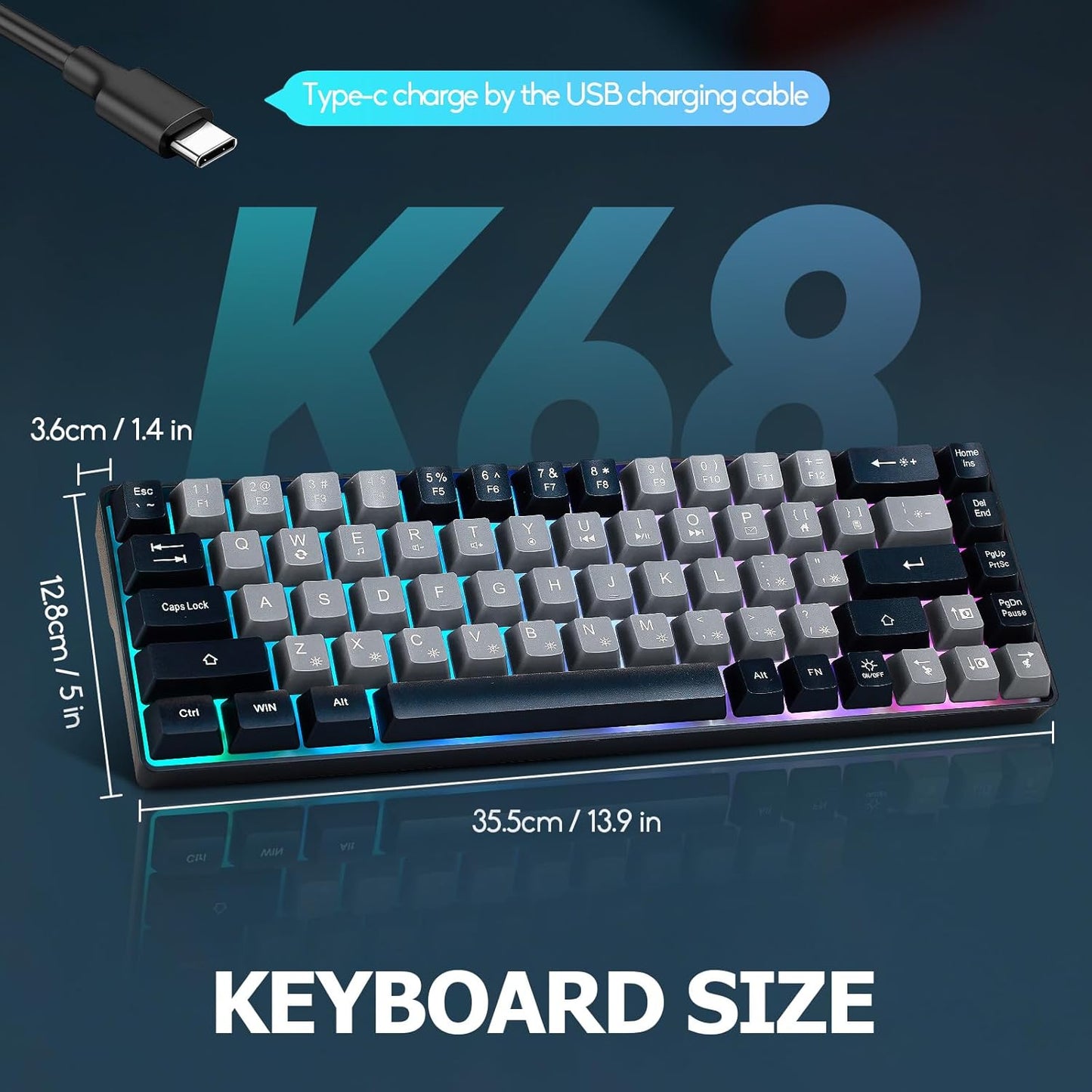 Guiheng Wired Portable 60% Mechanical Gaming Keyboard,RGB LED Backlit Compact 68 Keys Mini Wired Office Keyboard with Red Switch for Windows Laptop PC Mac -Grey and Black