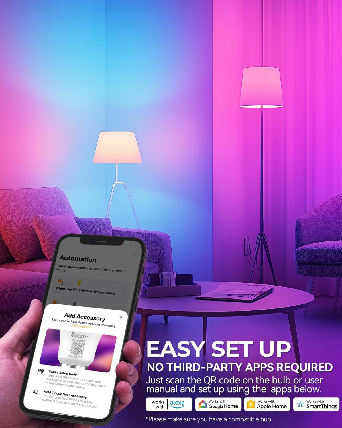 Avatar Controls Matter Smart Light Bulb Compatible with Apple HomeKit/Alexa/Google Home, 9W 2 Pack Color Changing Alexa LED Light Bulbs, Voice/App Controlled Dimmable WiFi Lighting for Room