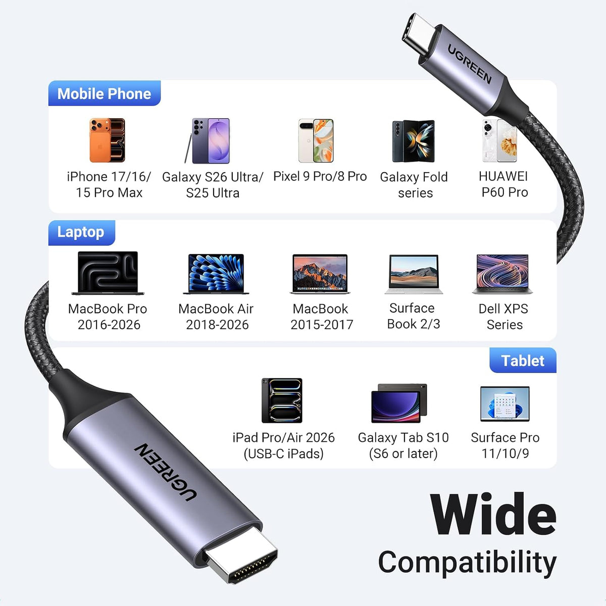 UGREEN USB C to HDMI 2.0 Cable 4K@60Hz for Home Office, 6.6FT | Unidirectional, Thunderbolt 4/3, Compatible with iPhone 17 Pro Max, MacBook Pro Air iPad Pro, XPS, Galaxy S26, Steam Deck