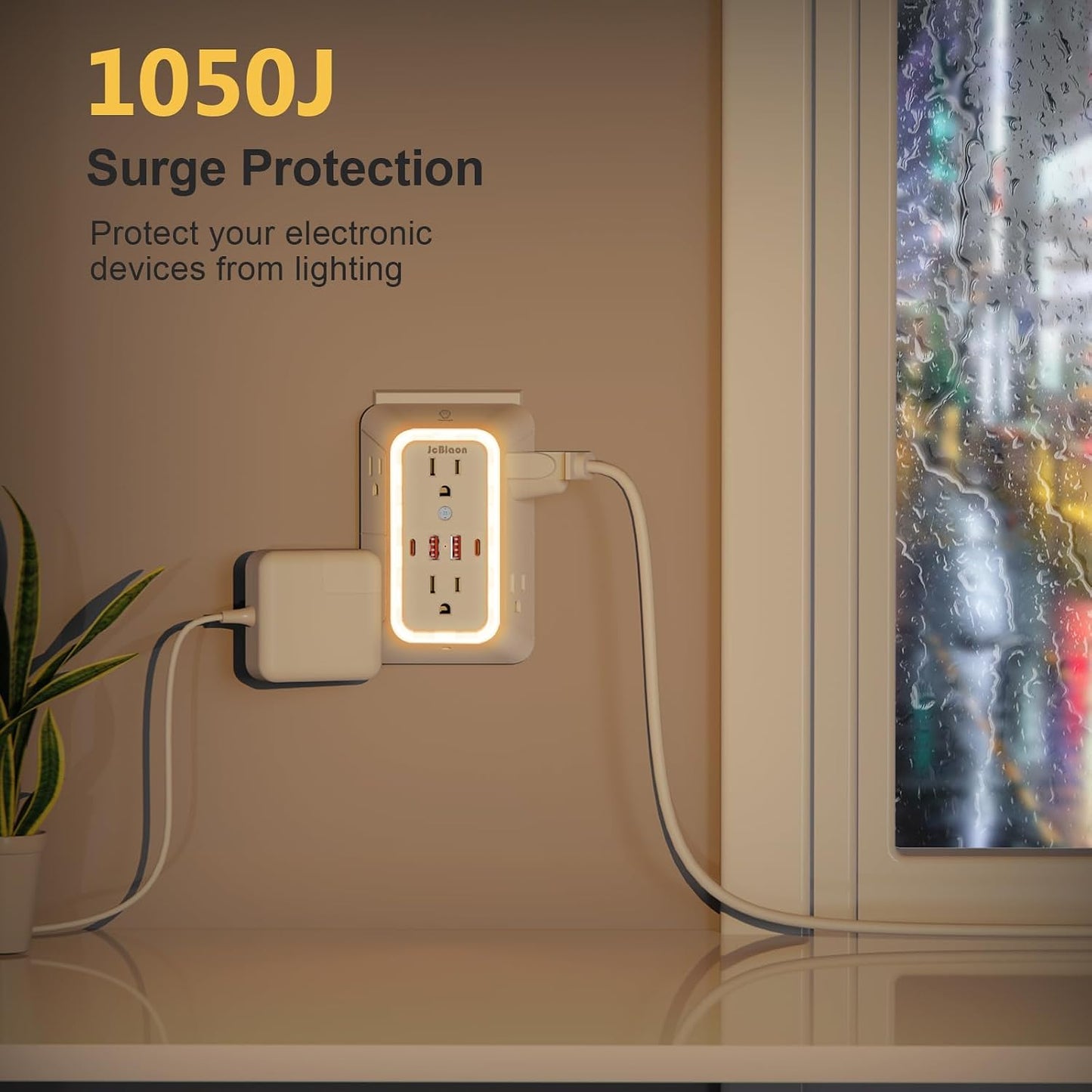 Wall Outlet Extender with Night Light, Power Plug Adapter 6 Outlet Extender with 4 USB Charging Ports 1050J Power Strip Multi Plug Adapter Spaced for Home Travel Office (2U2C)-ETL