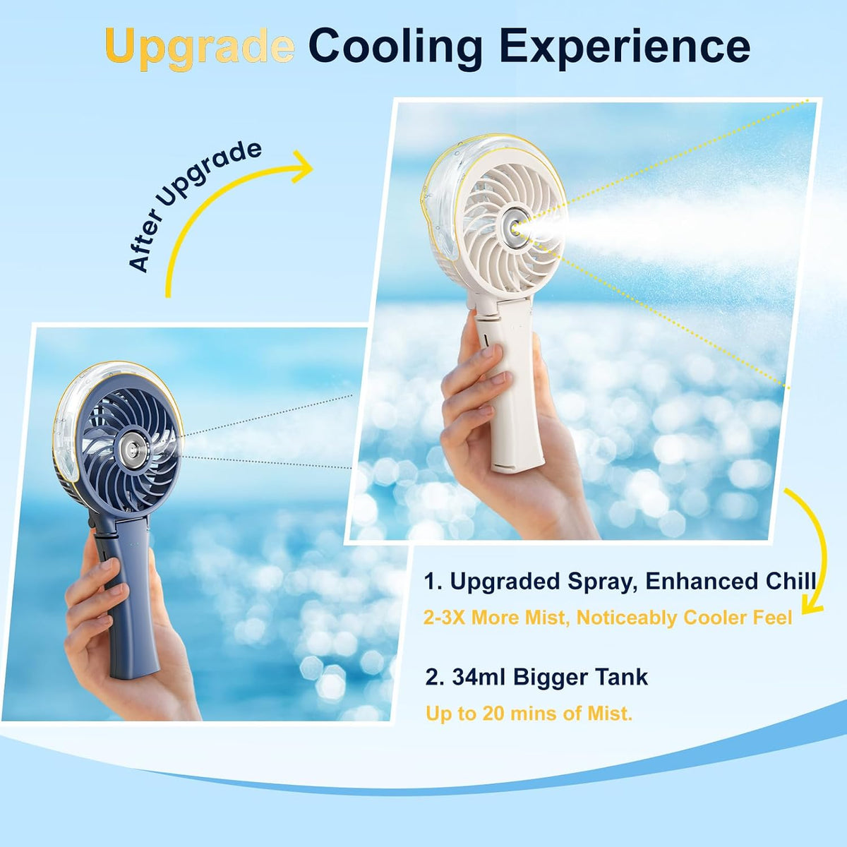 HandFan Upgraded Portable Handheld Misting Fan, Personal Mister Fan Rechargeable, Spray Water Mist Fans, Foldable Mini Cooling Hand Fans for Beach, Travel, Outdoors, Makeup, Disney(Beige)