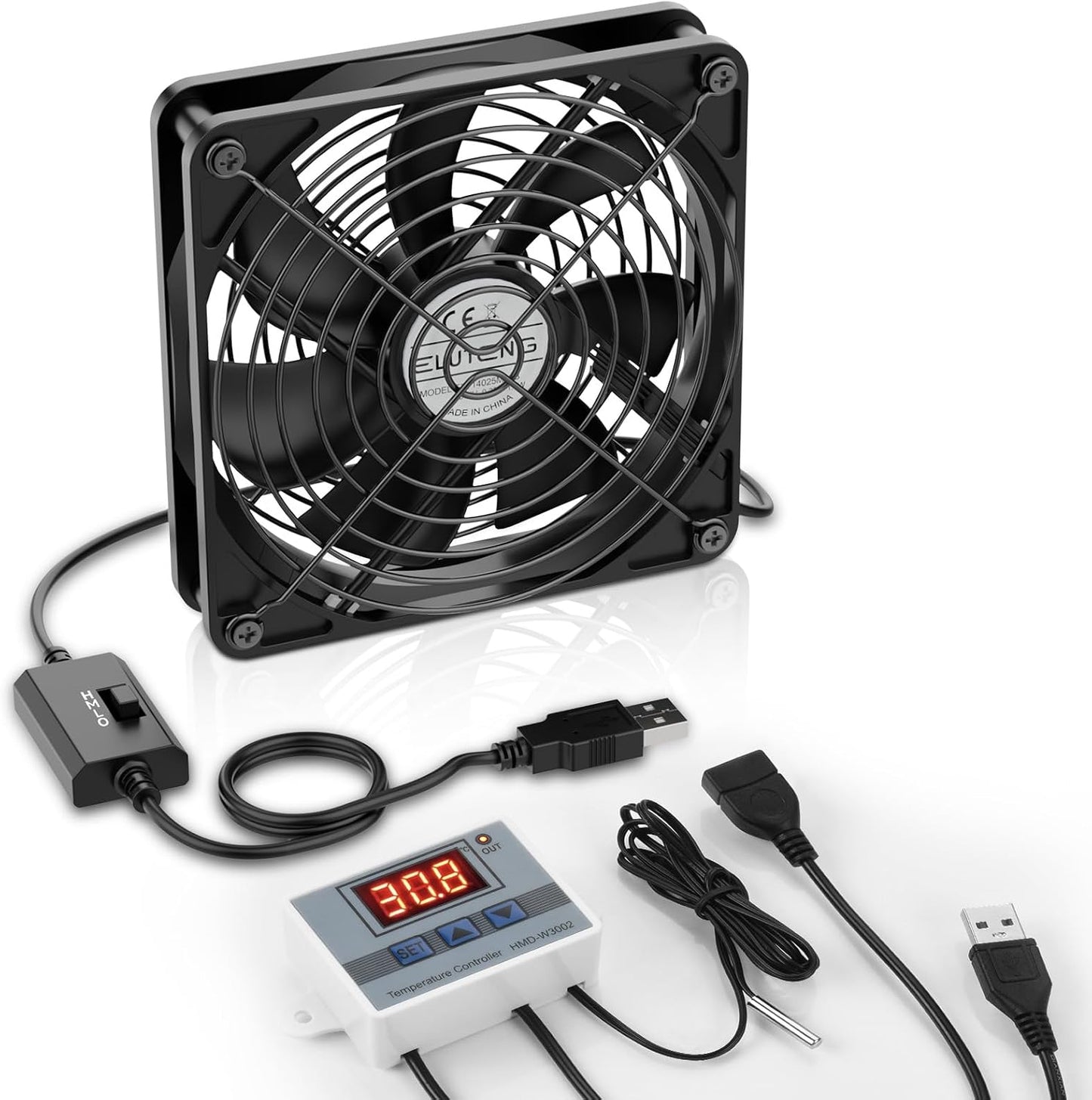 ELUTENG USB Fan 140mm with Digital Temperature Controller, 5V USB Powered PC Computer Fan 1500RPM 3 Adjustable Speeds Electronic Cooling Lufter with Metal Grill for Laptop/TV Box/AV Cabinet/PS5/Router