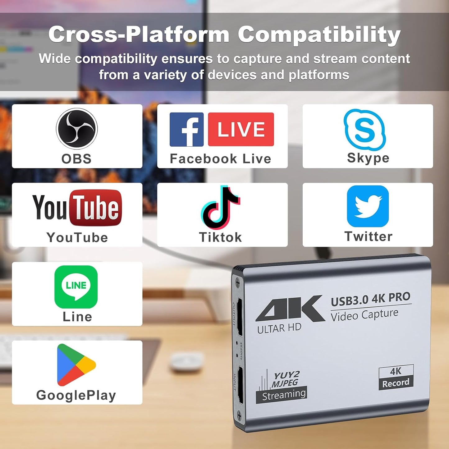 USB 3.0 4K Video Capture Card for PS5/Switch/Xbox/PC | 1080P60Hz/2K30Hz/4K18Hz Capture, 4K60Hz HDMI Loop-Out, High-Speed Interface, OBS Compatible, Near-Zero Latency, Plug & Play