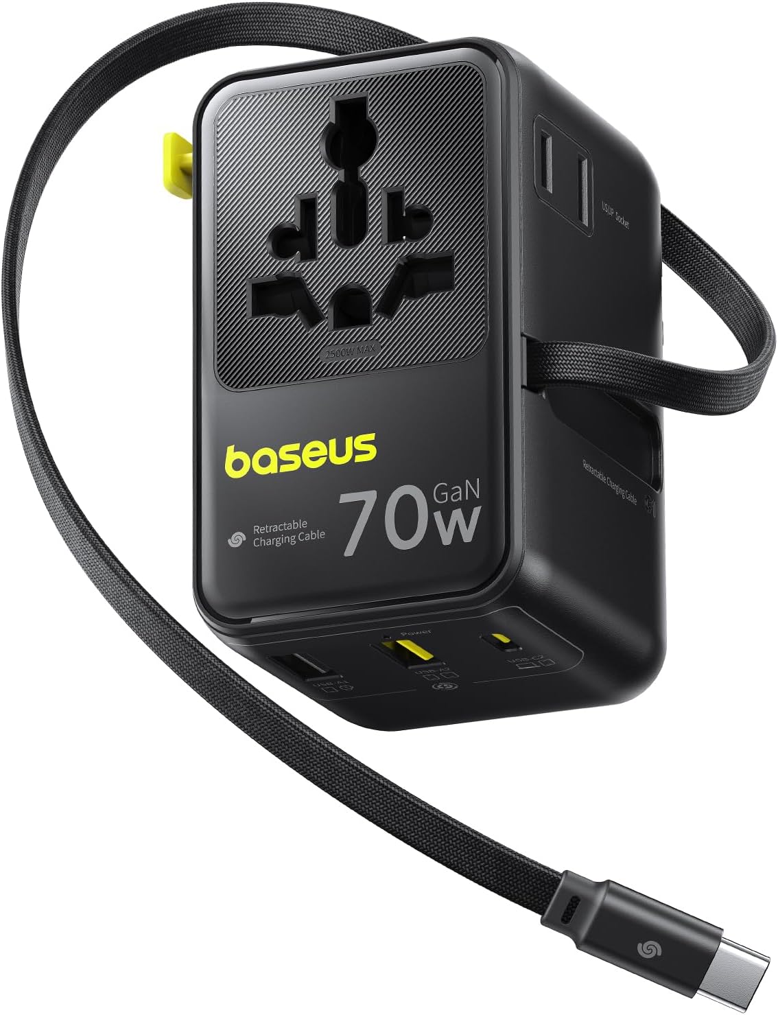 Baseus 70W Universal Travel Adapter, 6-in-1 International Plug Adapter | Worldwide Wall Charger with Retractable Cable, USB-C Fast Charging for USA/EU/UK/AUS and Over 200 Countries - Enercore CG11