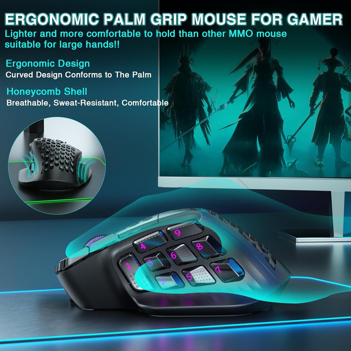 SOLAKAKA SM809 Pro MMO Gaming Mouse with 9 Side Buttons,24000 DPI RGB Mouse for Gamer,16 Programmable Macros MMO Mouse,Black