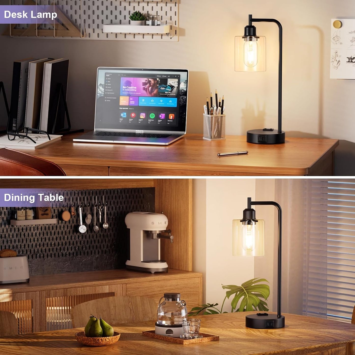 Industrial Touch Lamps for Nightstand Set of 2, 3-Way Dimmable Bedside Lamp | Glass Shade, USB C+A Charging Port & Outlet, Black Desk Lamps for Bedroom, Living Room, Home Office, Reading