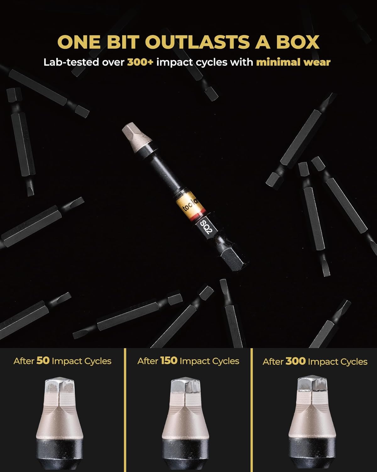 toolant SQ2 2" Magnetic Square Impact Bits, 10-Piece Set | Impact Steel X2 and CNC-machined micro-textured tips help resist cam-out under torque.