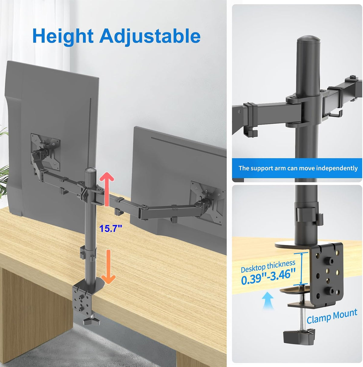 Dual Monitor Mount for 17-27 Inch Monitors up to 17.6 lbs, Desk Clamp