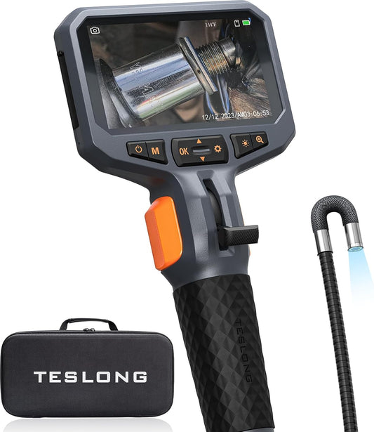 Teslong Articulating Borescope for Mechanic Automotive HVAC Wall Inspection | 2.0MP HD Endoscope, 8 LED Lights, Two-Way 210°, 4.5" IPS Screen, 32GB, IP67 Waterproof, Semi-Rigid Gooseneck, Carrying Case