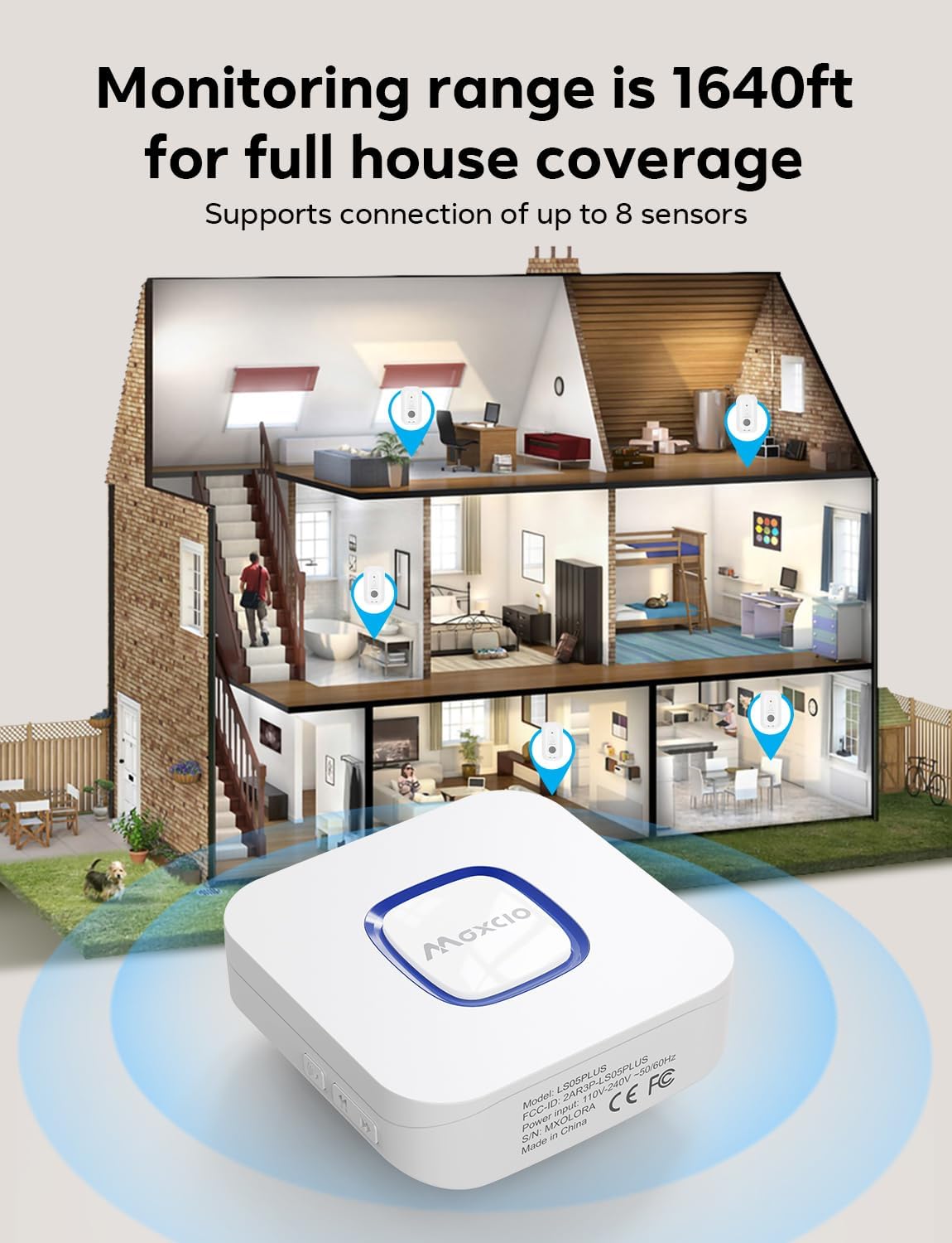 MAXCIO Wi-Fi Water Leak Detector, Smart Water Wireless Sensor with 110dB Adjustable Alarm, APP, SMS, Phone Notifications, 1640ft Transmission Range, Suitable for Basement, Bathroom and Kitchen