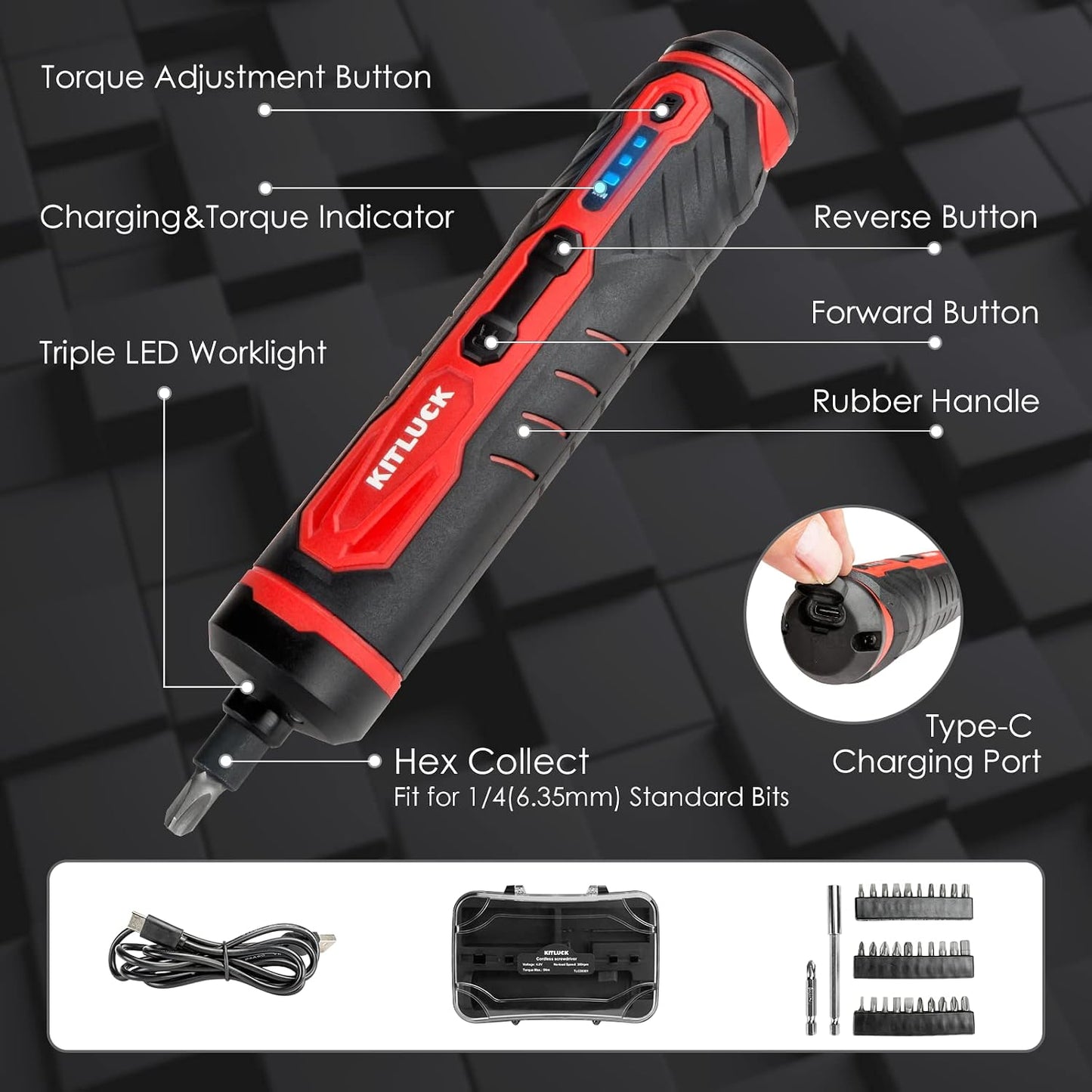 Electric Screwdriver, 4V Power Cordless Screwdriver Rechargeable Set with Li-ion Battery, 31 Bits&Extension Rod, 3 LED, 3 Adjustable Torque, Magnetic Hex Chuck, Mini Electric Screw driver Kit