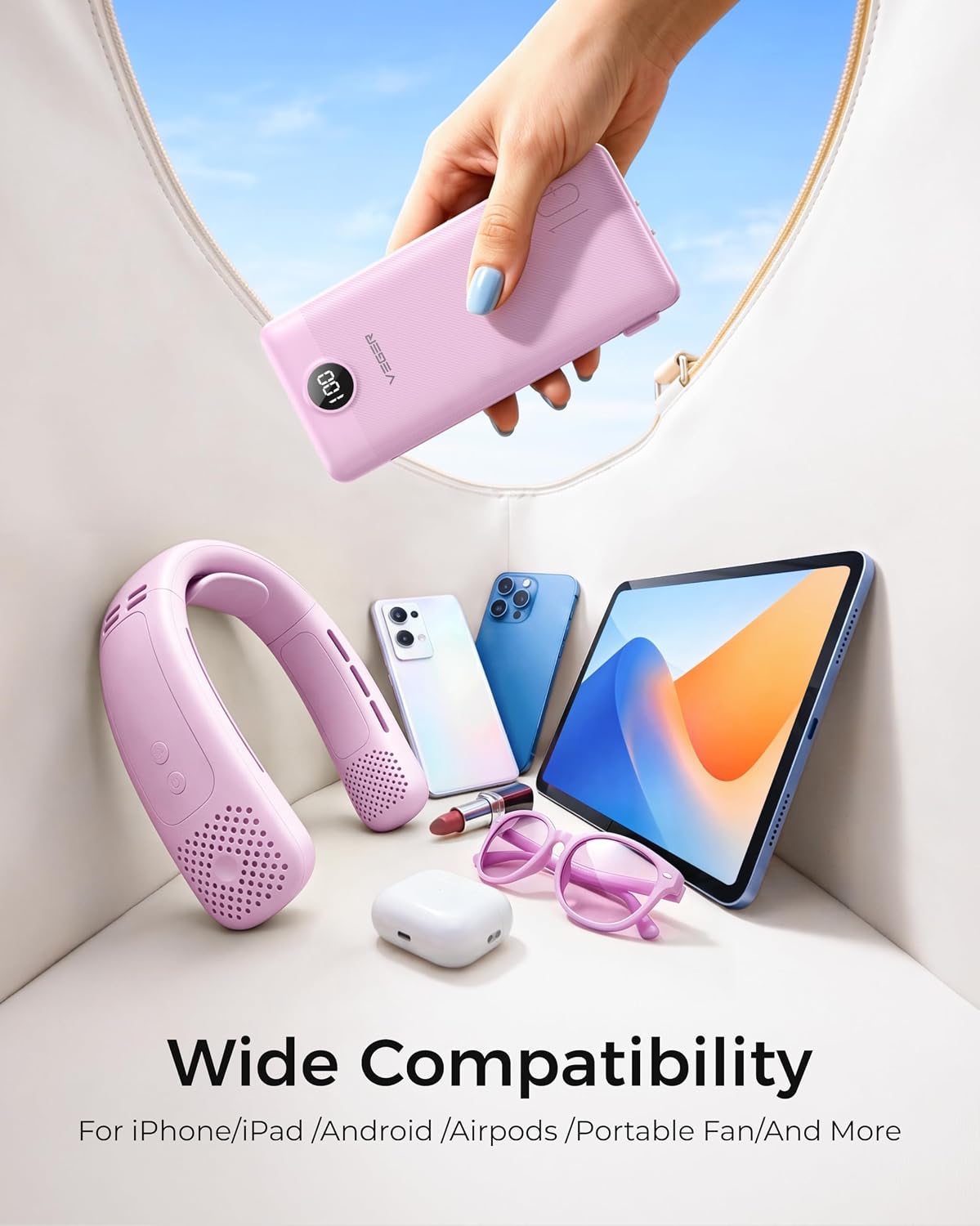 VEGER Portable Charger for iPhone, Power Bank Built in Cable and Wall Plug | 10000mAh Slim USB C Battery Pack, Travel Essentials for Camping Cruise Business Trip, Compatible with Smart Devices, Purple