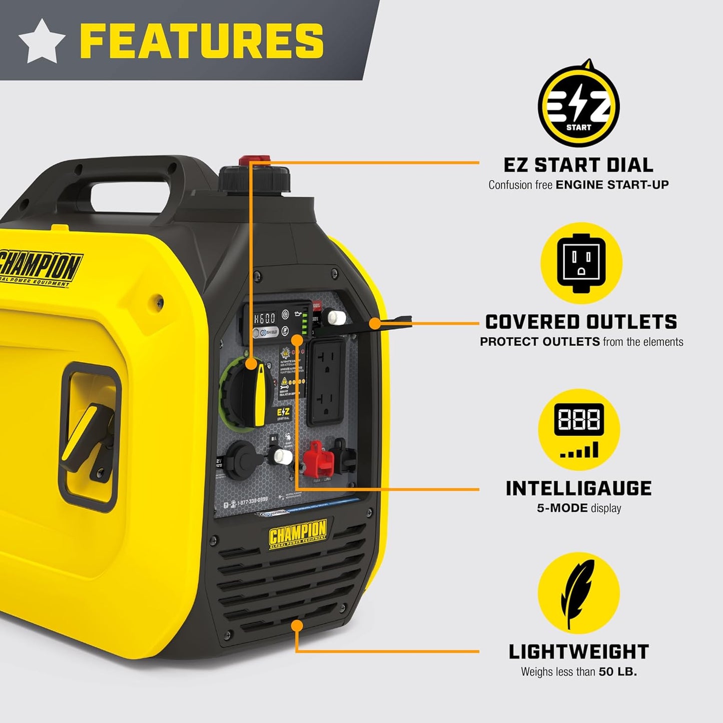 Champion Power Equipment 2500-Watt Ultralight Portable Inverter Generator with Quiet Technology and Free 3-Year Warranty | 39.7 lb, 53 dBA quiet, 1850 running watts, up to 11.5 hr run time, CO Shield auto shutoff, clean power under 3% THD