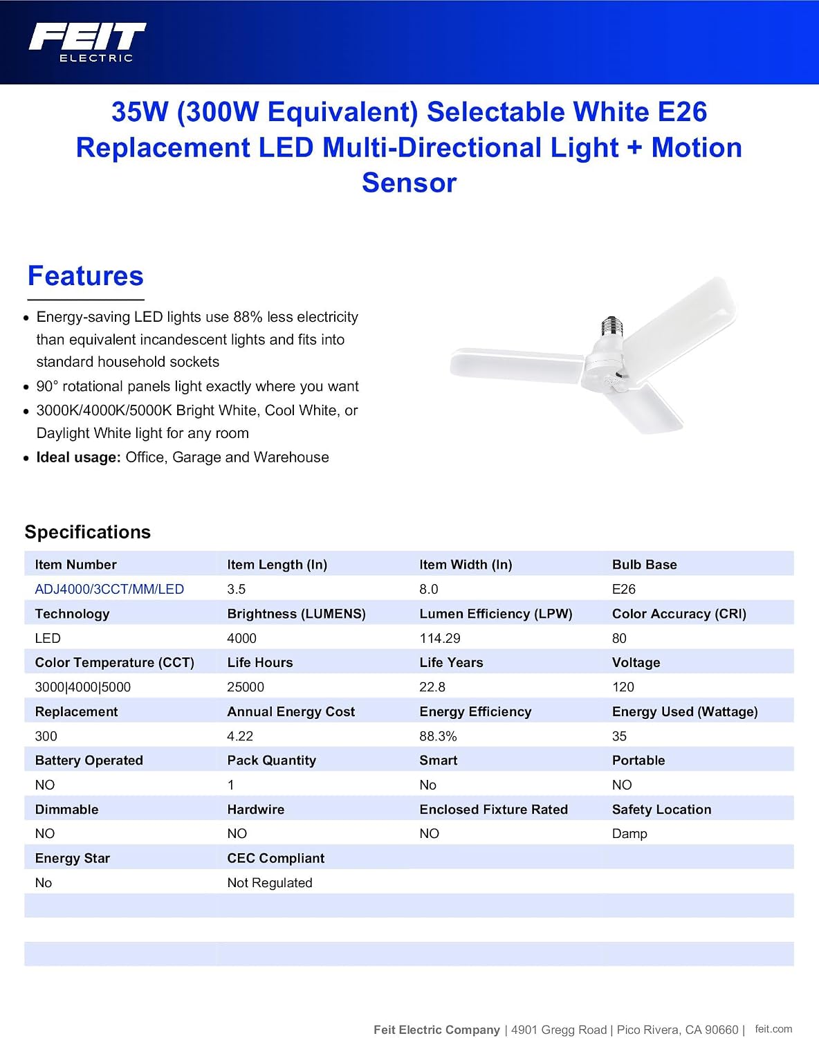 Feit Electric LED Garage Light, Multiple Adjustable Panels, E26 Base, Ideal for Garage, Workshop, Shed, 25,000-Hour Lifetime