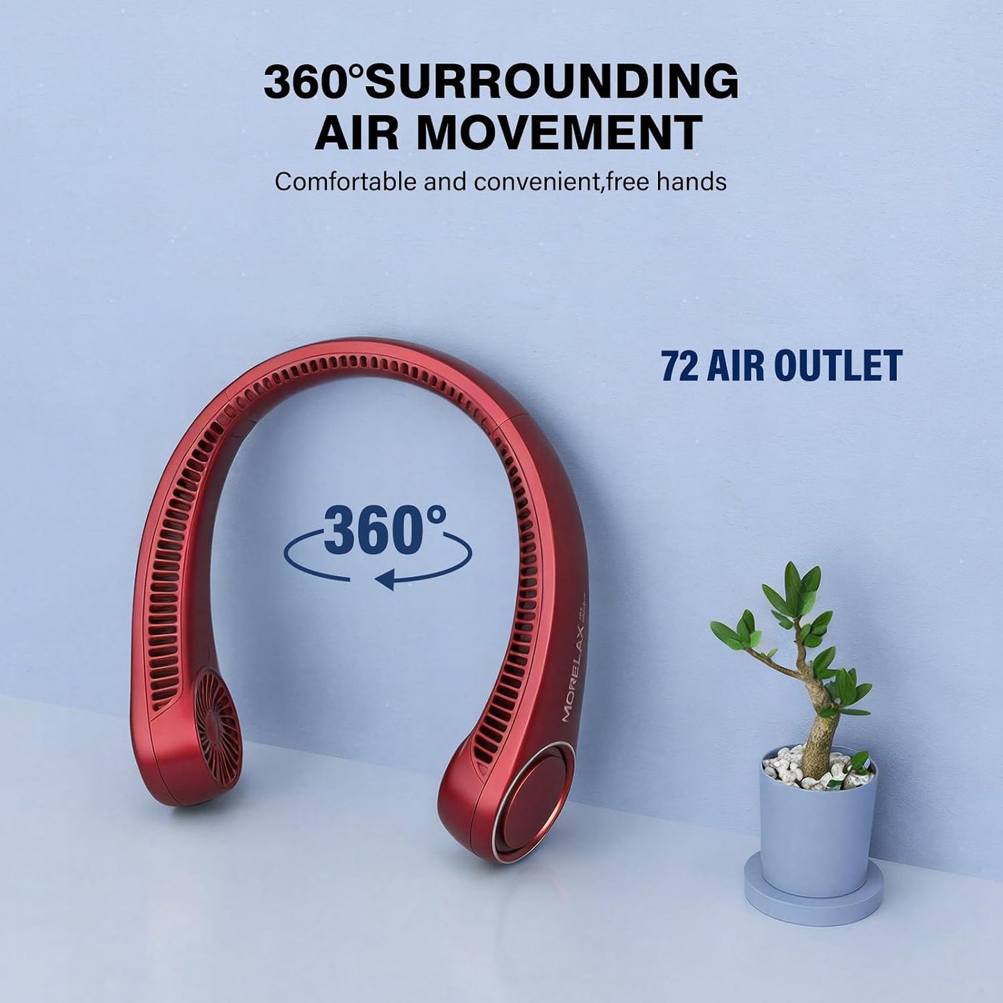 Morelax Neck Fan, USB Rechargeable Personal Fan,Hand Free Bladeless Portable Fans,4000 mAh, 3 Speeds,72 Air Faster softer 360° Cooling, Gift Suitable for Home, Office, Travel, Sports Red