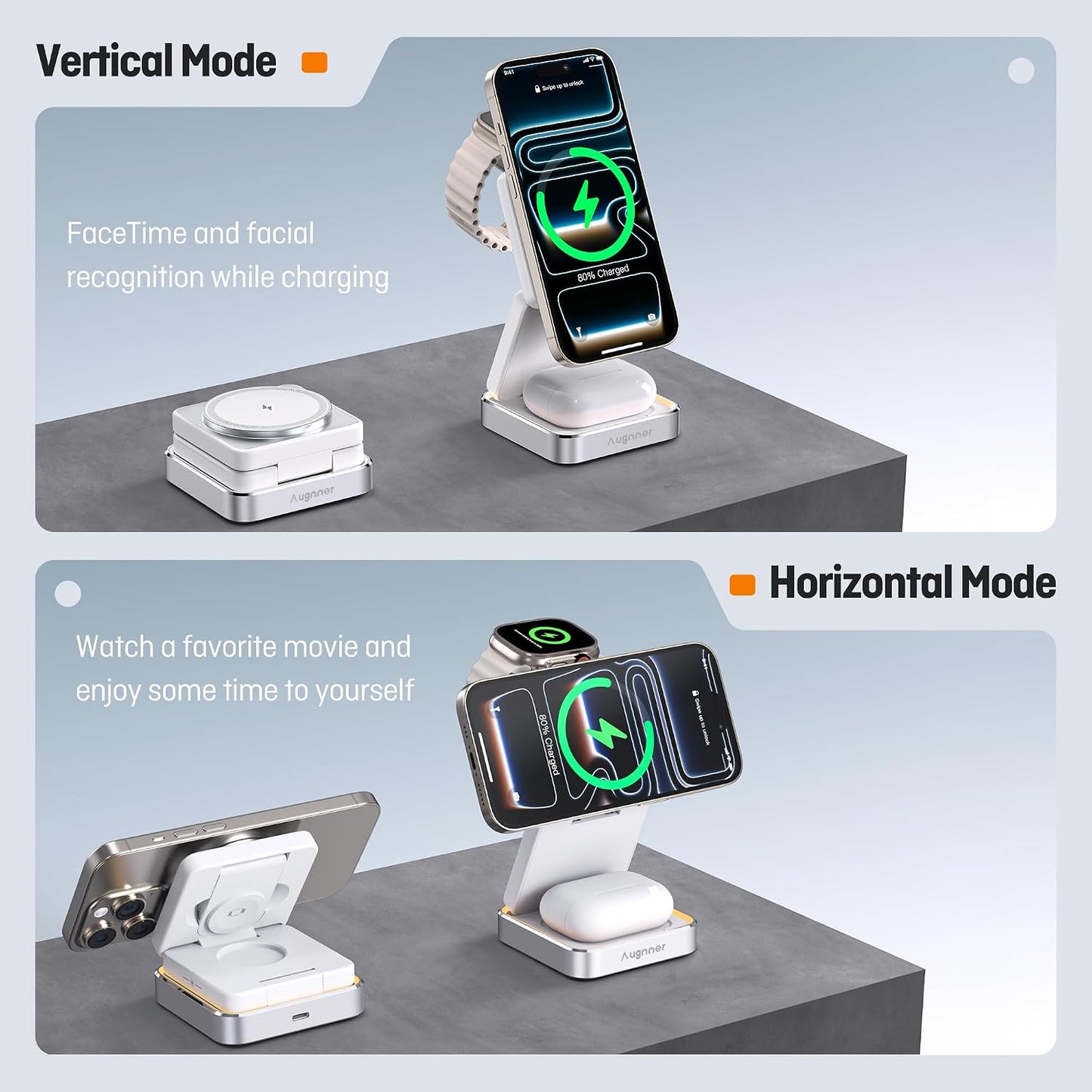 Augnner 25W 3-in-1 Charging Station for Apple Device, White Foldable Magnetic Wireless Charger, Fast Travel Charging Stand for iPhone17/16/15/14/13/12 Series, Apple Watch/AirPods