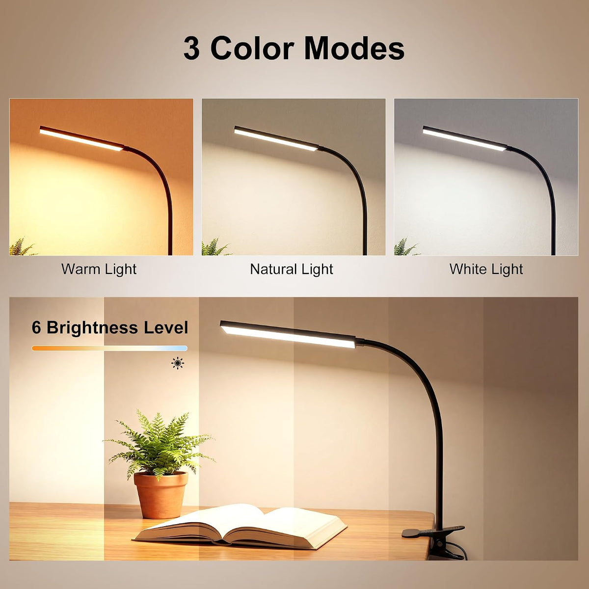Vansuny Clip on LED Desk Lamp, Eye-Caring USB Reading Light for Home Office | 3 Color Modes,6 Brightness Levels,Adjustable Gooseneck,Sturdy Metal Clip,5W Black,Fits Dorm Bed, Monitor Side & Narrow Spaces