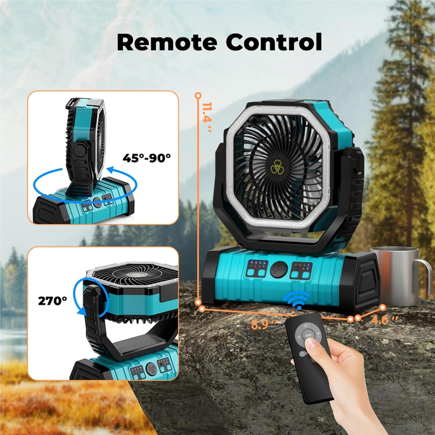Camping Fan - 20000mAh Battery Powered Fan Rechargeable with LED Lantern - Portable Outdoor Tent Fans with Hanging Hook 4 Speeds Wind Remote Control, Blue