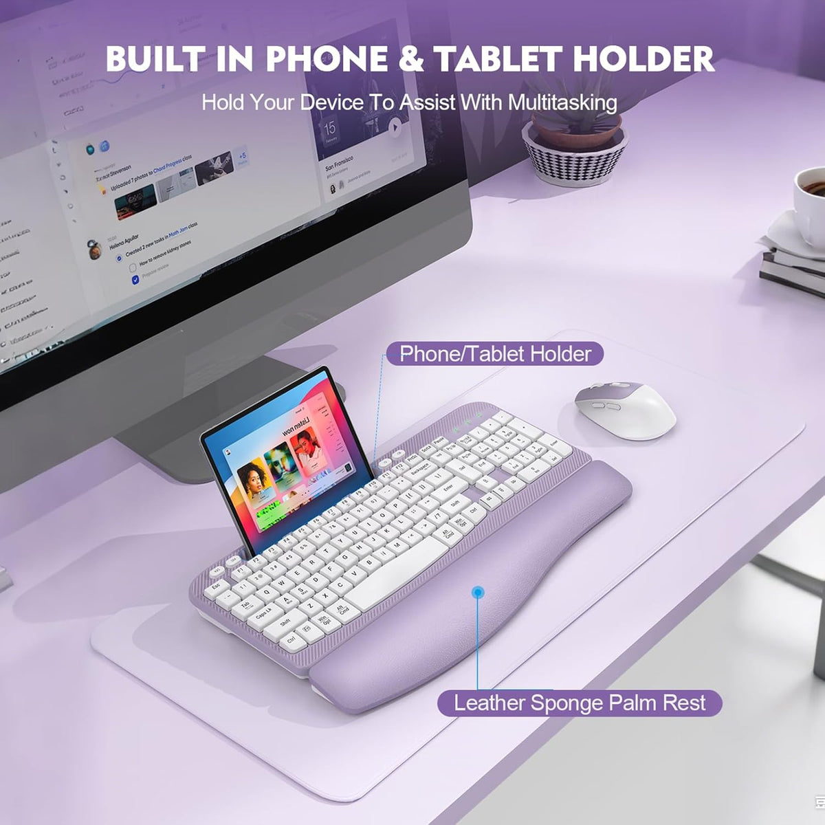 Wireless Keyboard and Mouse Combo, Full-Sized Ergonomic Wave Keys Keyboard with Memory Foam Wrist Rest & Phone Holder, 2.4G Quiet Keyboard Mouse Work Setup for PC Laptop, Office or Home (Purple)