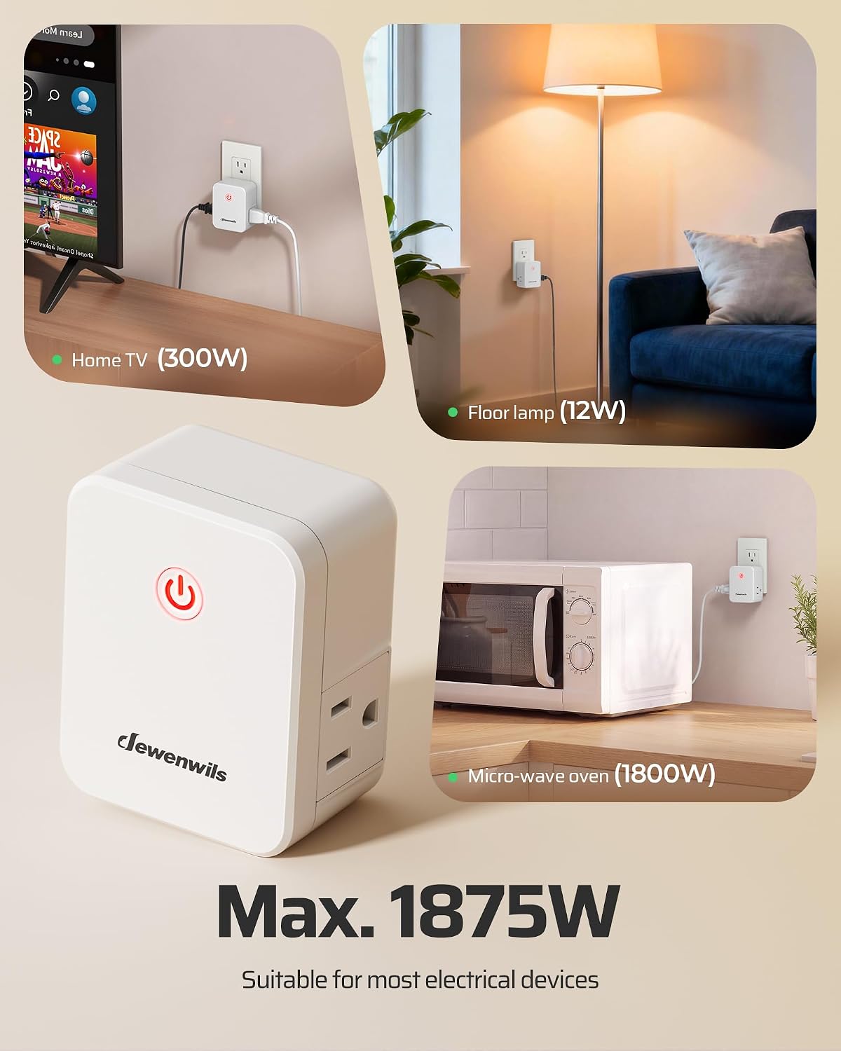 DEWENWILS Remote Control Outlet, Wireless Light Switch with 2 Side Outlets, 100 FT Range Remote Outlet Switch for Lamps, Fans, Household Appliance, No Wiring, 15A/1875W, Compact Design, Programmable