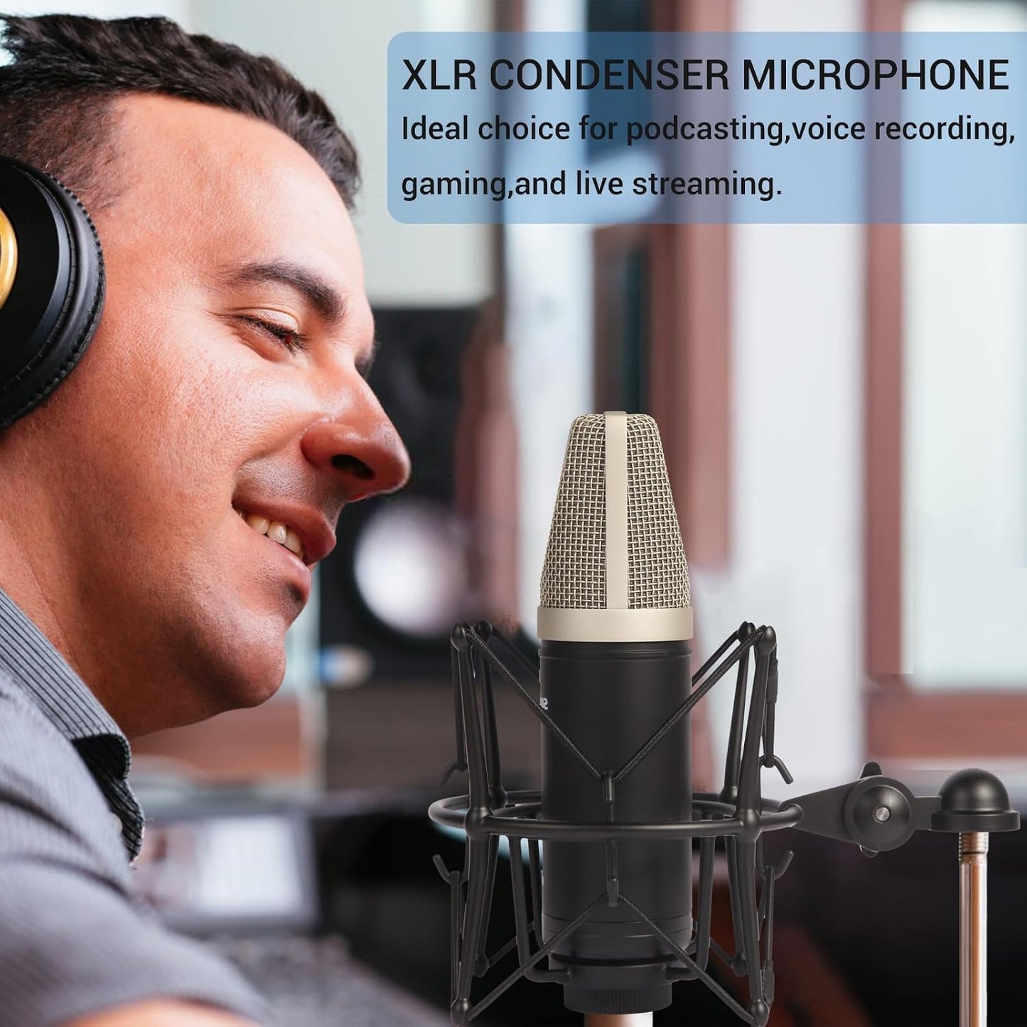 Condenser Microphone XLR, Large Diaphgram Professional Recording Cardioid Microphone Kit w/Shock Mount, for Studio, Live Streaming, Podcasting, Voice-Over, You-Tube (Black)