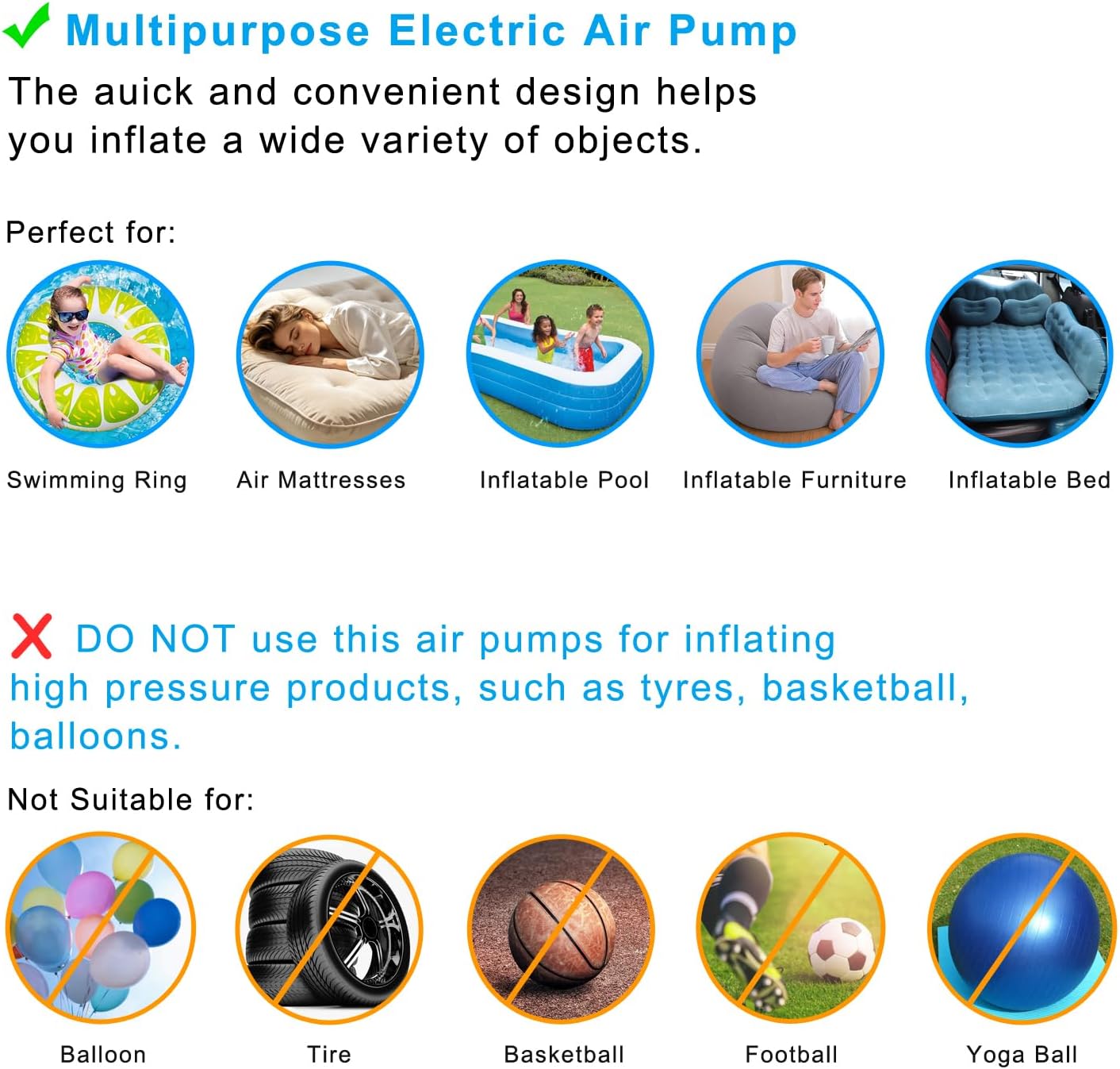 Newpol Inflatable Bed Pump, Electric Air Pump(100 Gallon/Min) for Air Mattress Beds, Inflatable Swimming Pools, Swimming Ring（AC110-240V/DC12V）