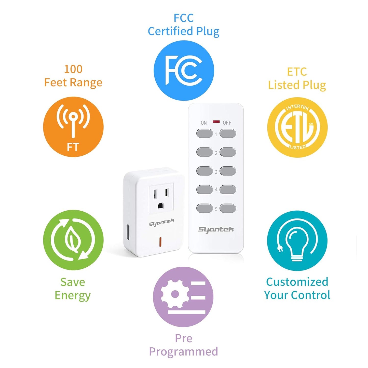 Syantek Remote Control Outlet Wireless Light Switch for Household Appliances, Expandable Remote Light Switch Kit, Up to 100 ft Range, White (5 Outlets + 2 Remotes)