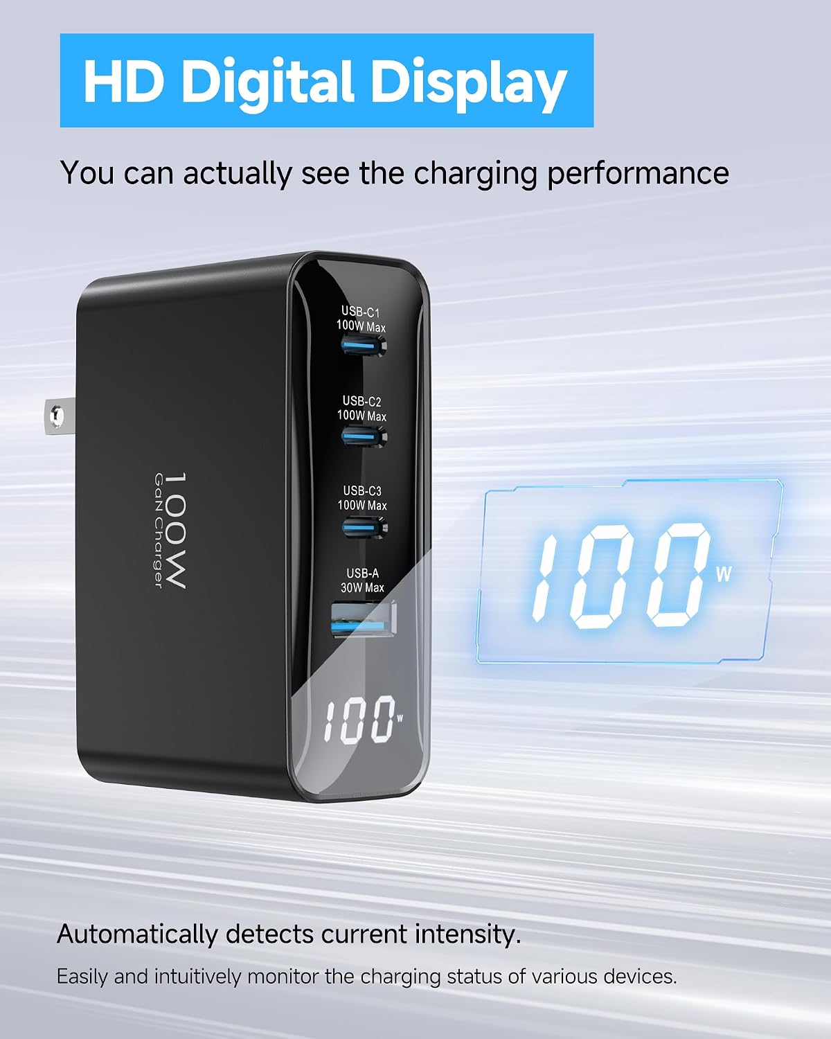 TOPADRE 100W USB C Charger for MacBook，Charger Block with LED Display，Black | GaN Compact Foldable Charging Station for MacBook Pro/Air, iPad Pro, for iPhone 17/16 Pro Max, Galaxy S25