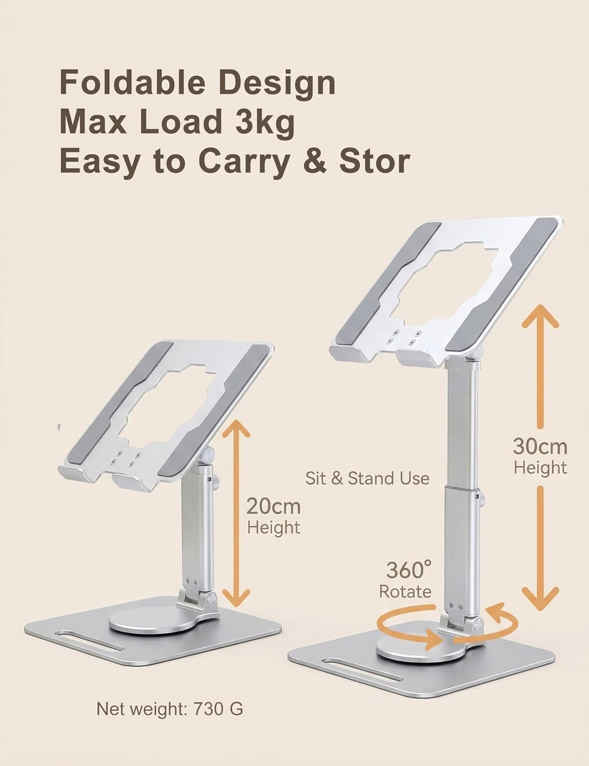 Laptop Stand, Height Adjustable 360° Swivel Anti-Wobble Base | Ergonomic, dual-axis, aluminum arm, carbon steel base, hollow cooling panel, fits 10-17" laptops, foldable, home office