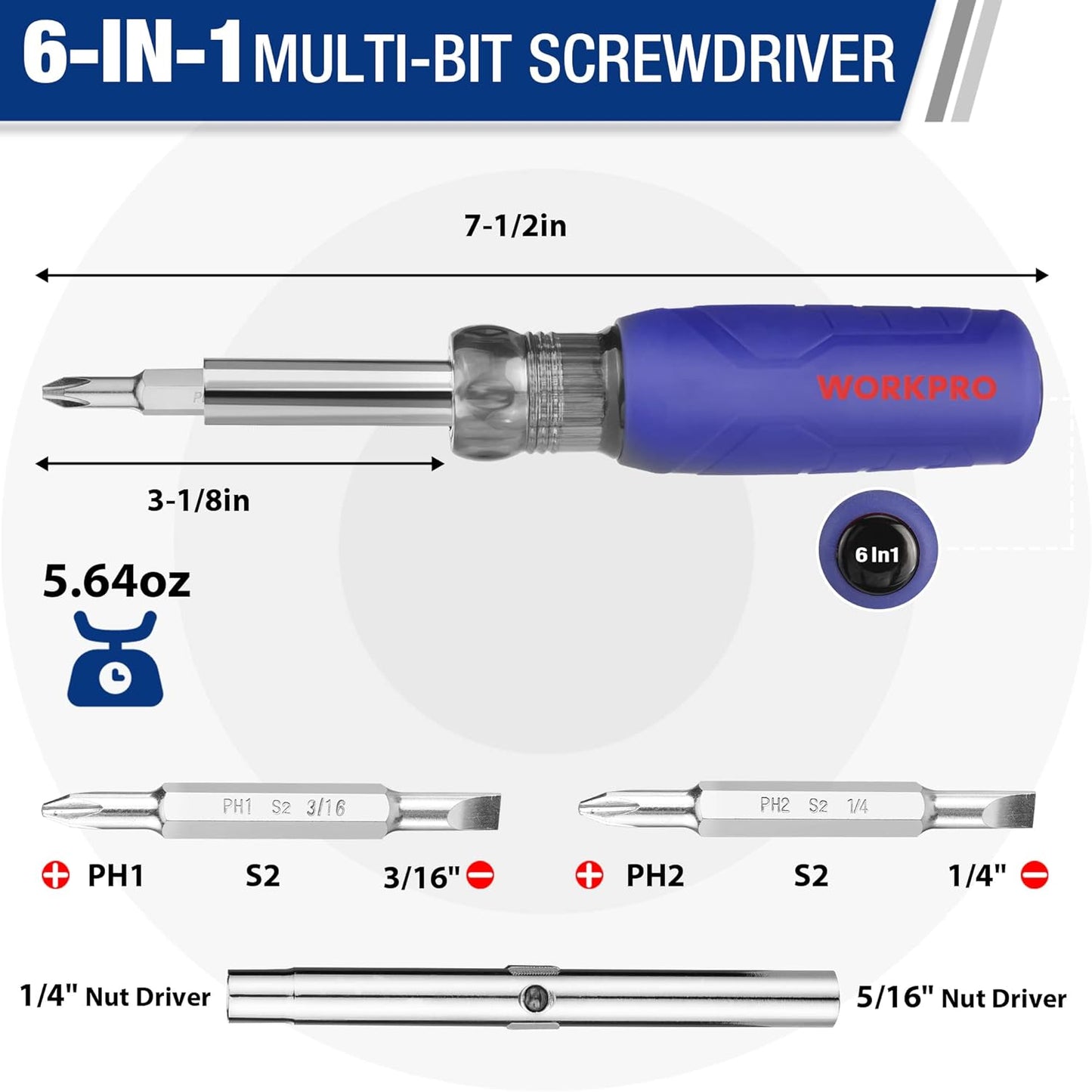 WORKPRO 6-in-1 Basic & 4-in-1 Electronics Screwdriver/Nut Driver Set Tool Confort Grip, 2PCS Portable Screw-driver, 8 Basic & Precision Bits (Philips/Slotted), 2 Nut Driver Sizes