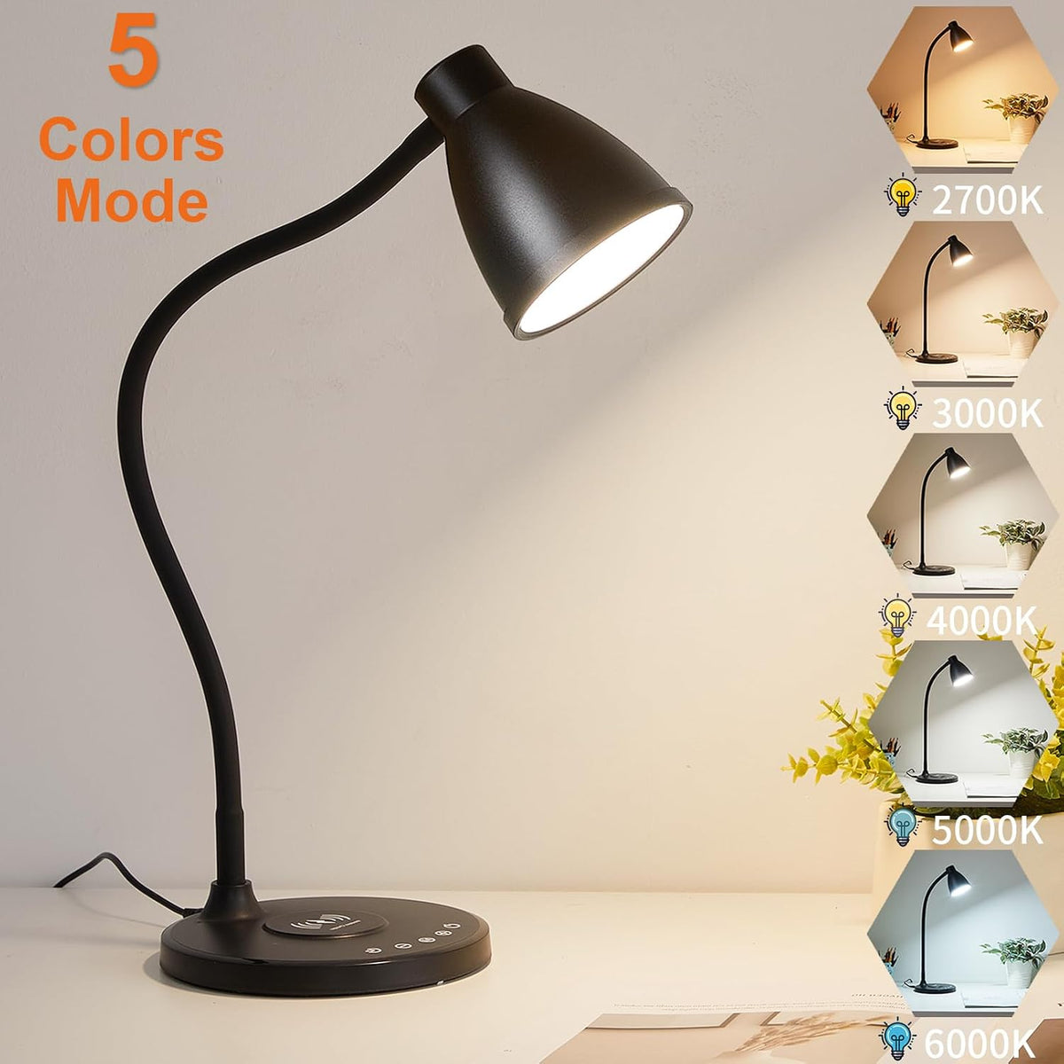 BOHON Desk Lamp for Home Office with USB C+A Charging Ports Timer Black | LED Desk Light with Wireless Charger 5 Colors Stepless Dimming Reading Light Touch Bedside Table Lamp for College Dorm Room