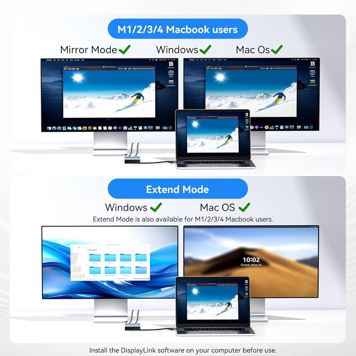 ACASIS USB C to Dual HDMI DisplayLink Adapter for Mac M1/M2/M3/M4/Windows | USB C DisplayLink Docking Station with 2HDMI 4K@60Hz, 3USB-A Ports, 100W PD Charging ,USB A/C to Dual Monitor,Grey