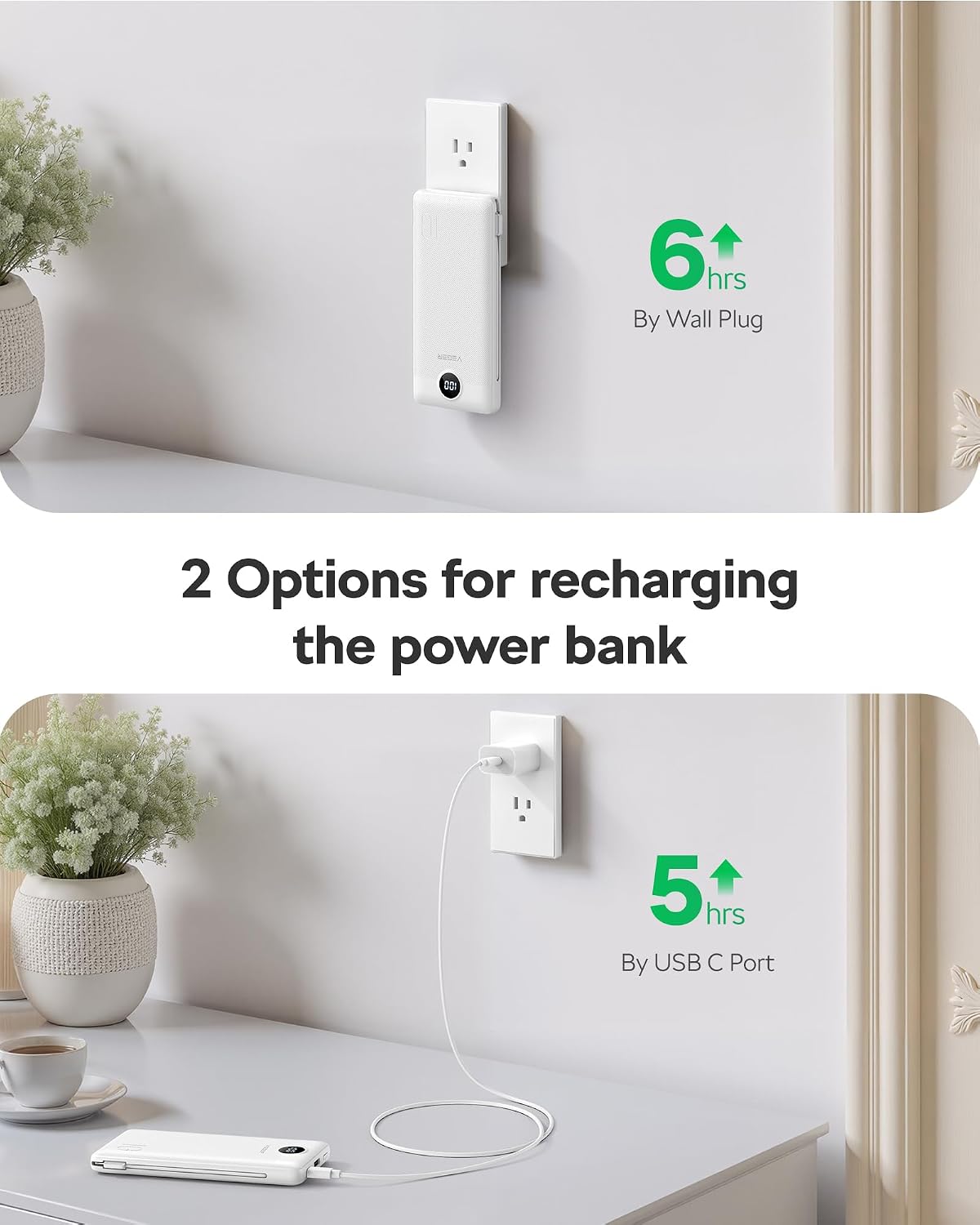 VEGER Portable Charger, 10000mAh Power Bank Built in Wall Plug and Cables | Ultra Slim, Charging 4 Devices Once, Travel Essentials, USB C Battery Pack for iPhone, iPad, Samsung, Android, Tablets, Blue