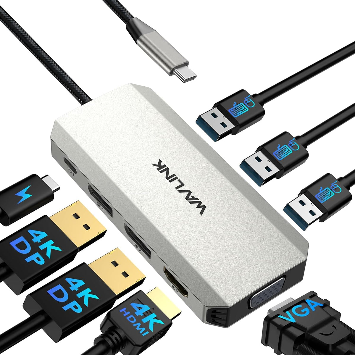 WAVLINK Laptop Docking Station, Quad Monitors, Dual DisplayPort, HDMI, VGA