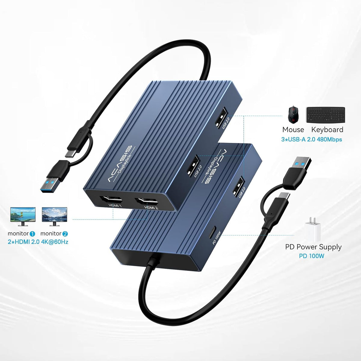 ACASIS USB C to Dual HDMI DisplayLink Adapter for Mac M1/M2/M3/M4/Windows | USB C DisplayLink Docking Station with 2HDMI 4K@60Hz, 3USB-A Ports, 100W PD Charging ,USB A/C to Dual Monitor,Grey
