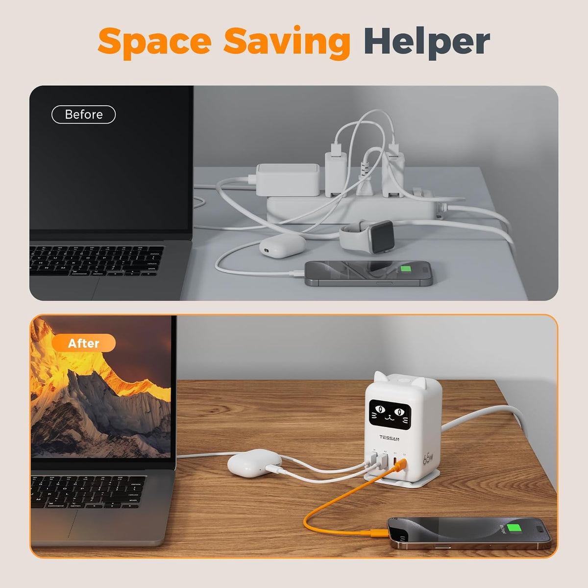 USB C Charger Block PD 65W, TESSAN Charging Station for Multiple Devices | Desktop Tower Charger with 4 USB Ports for iPhone 17/16/15, MacBook, Tablet, Office Home Dormroom, White