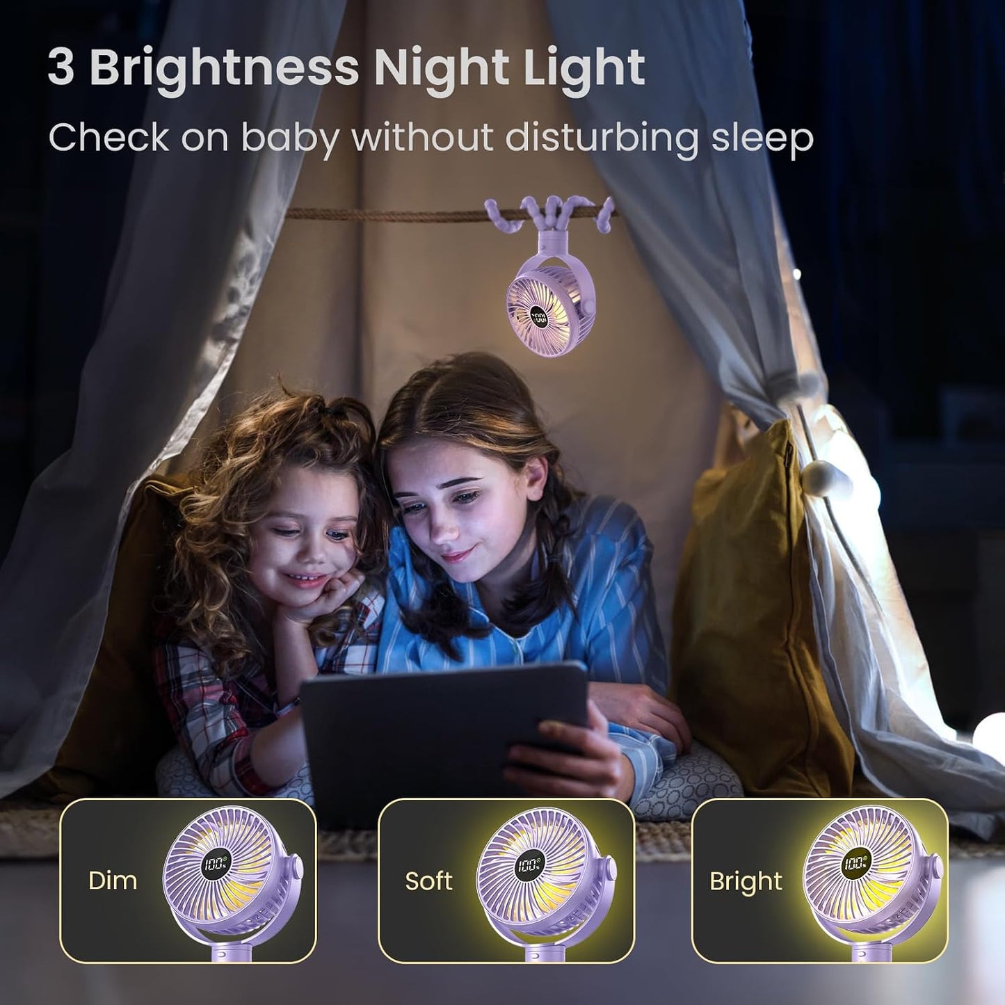 Coohea Portable Stroller Fan, 25H Long-lasting, 4 Speed, Night Light,Purple | 4000mAh Rechargeable Battery Powered Fan, Head Detachable 360° Rotate Mini Fan, Easy to Wrap for Car Seat Crib Bike Treadmill