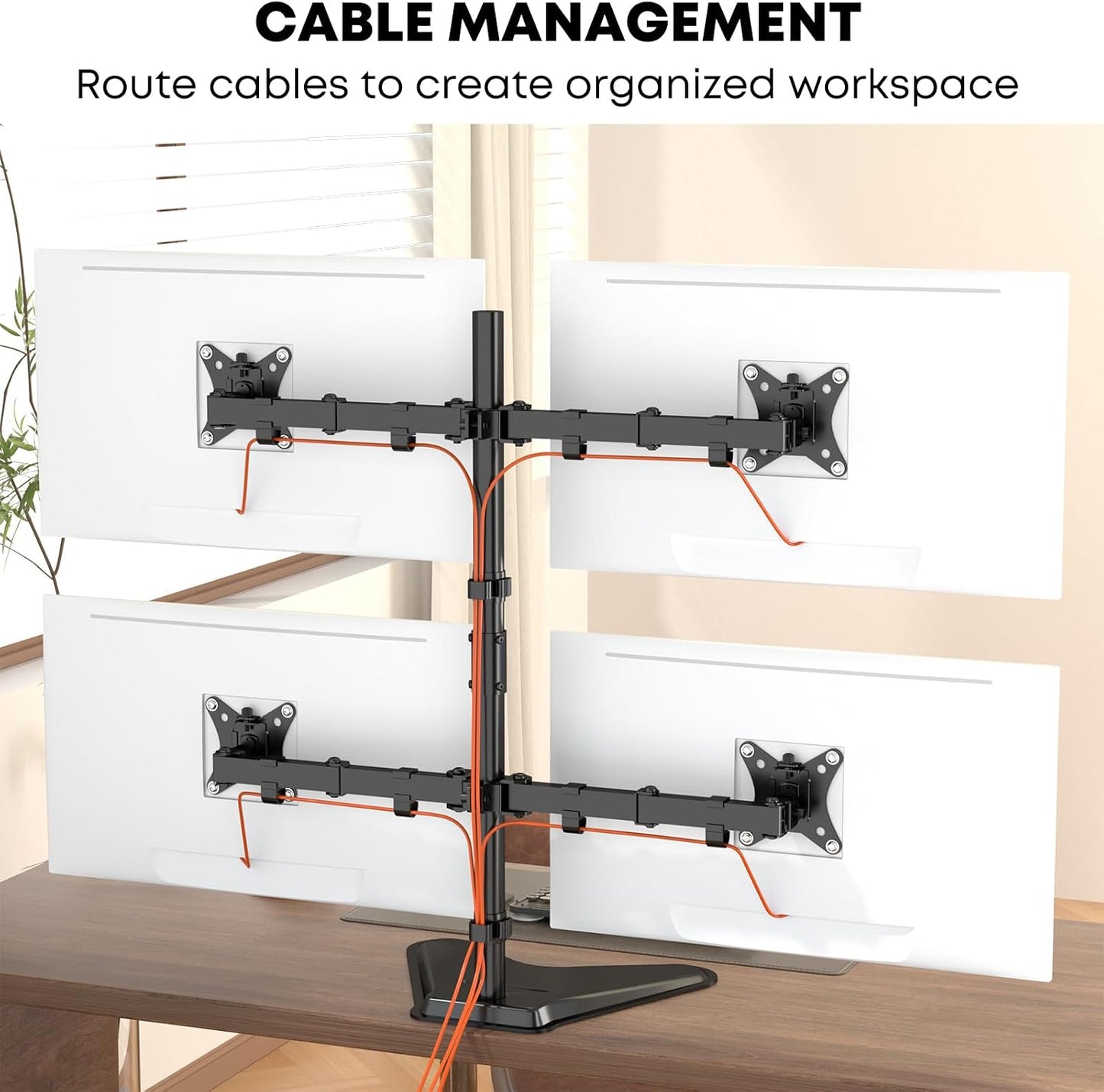 PUTORSEN Quad Monitor Stand for 4 Screens, 17-32", 19.8 lbs Each | Stacked 4-Screen Desk Mount with Full-Motion Arms, VESA 75/100, Tilt, Swivel & Rotation, Larger Base with Phone Slot, Black