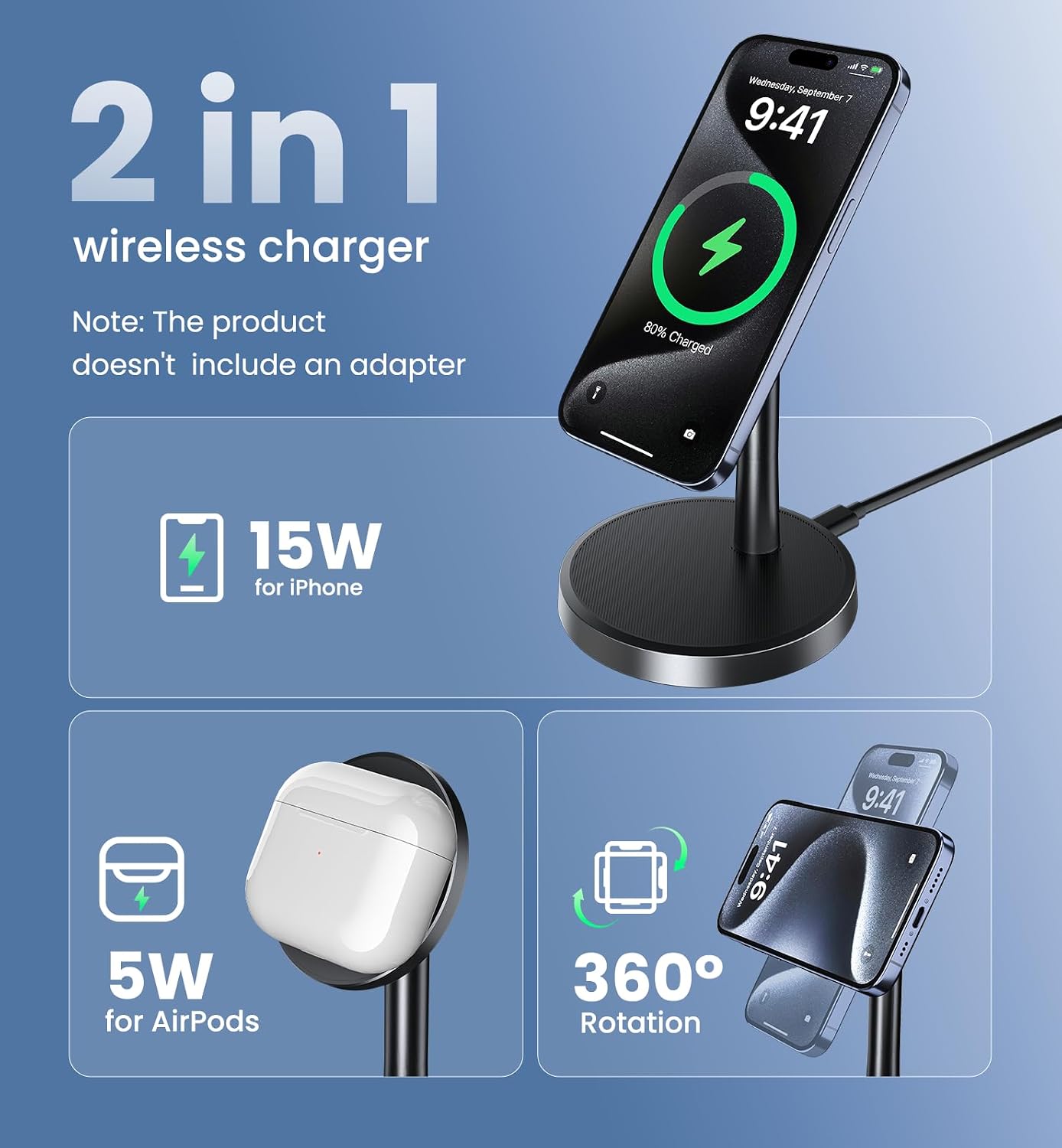 Magnetic Wireless Charger iPhone, 2 Pack 15W Fast Mag-Safe Charger Stand for iPhone 17/17 Air/17 Pro/17 Pro Max 16/15/14/13/12 Series, Wireless Charging Station for Pad/AirPods(Black)