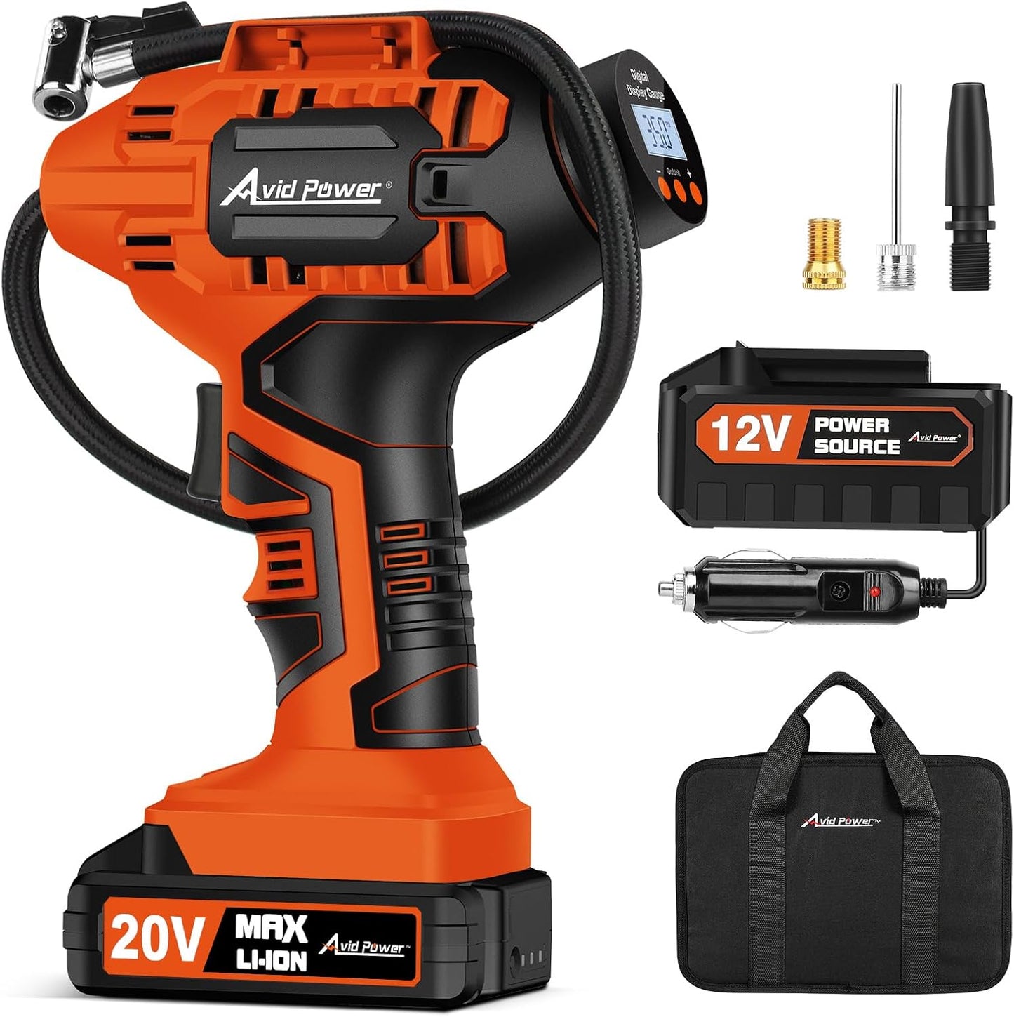 AVID POWER Cordless Tire Inflator Portable Air Compressor 20V Battery Pump | Auto Shut-Off, Rechargeable Battery & 12V DC Adapter, Digital Pressure Gauge, Fast Inflation for Car, Motorcycle, Bike, Ball