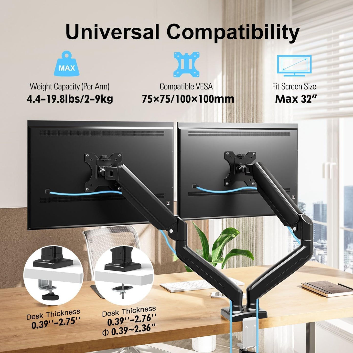 Dual Monitor Mount Fits 13-32" Computer Screen, Dual Monitor Arm | Hold 4.4-19.8lbs Each, Full Motion Monitor Desk Mounts for 2 Monitors, Gas Spring Monitor Stand, VESA Mount