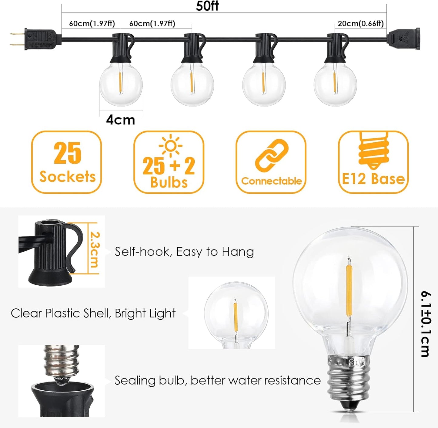 50Ft LED Outdoor String Lights G40 Globe Dimmable Patio Light, Waterproof Hanging String Light with 27 Warm White Shatterproof Bulbs(2 Spare)