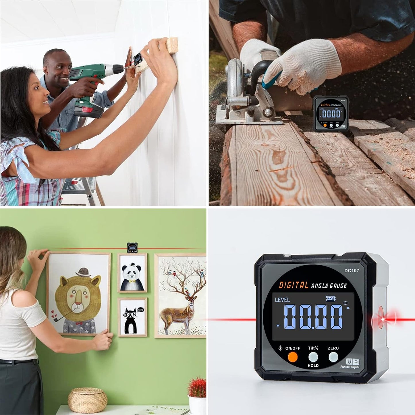 Digital Angle Finder & Gauge, Magnetic Dual Laser Inclinometer | 4-Side Strong Magnetic Protractor, Electronic Laser, Digital Level Cube, Table Saw Miter, Woodworking Measuring Tool, Hanging
