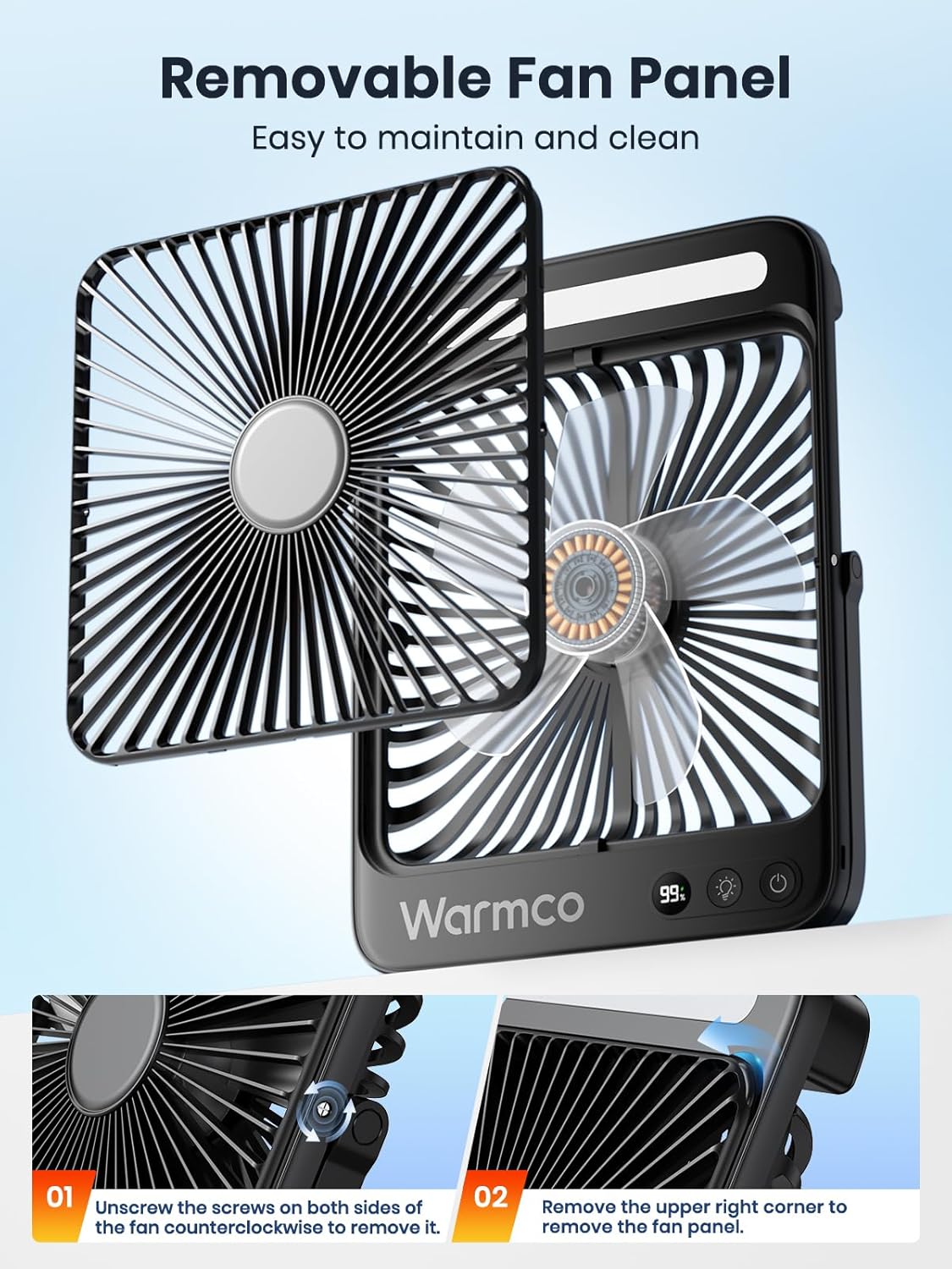 Warmco D4 Battery Powered Camping Fan 20000mAh, LED Lantern | Up To 48H Runtime, Ultra-Slim Quiet 8-Inch Fan, Digital Display & Hook for Tent, Bedroom, Outdoor & Travel